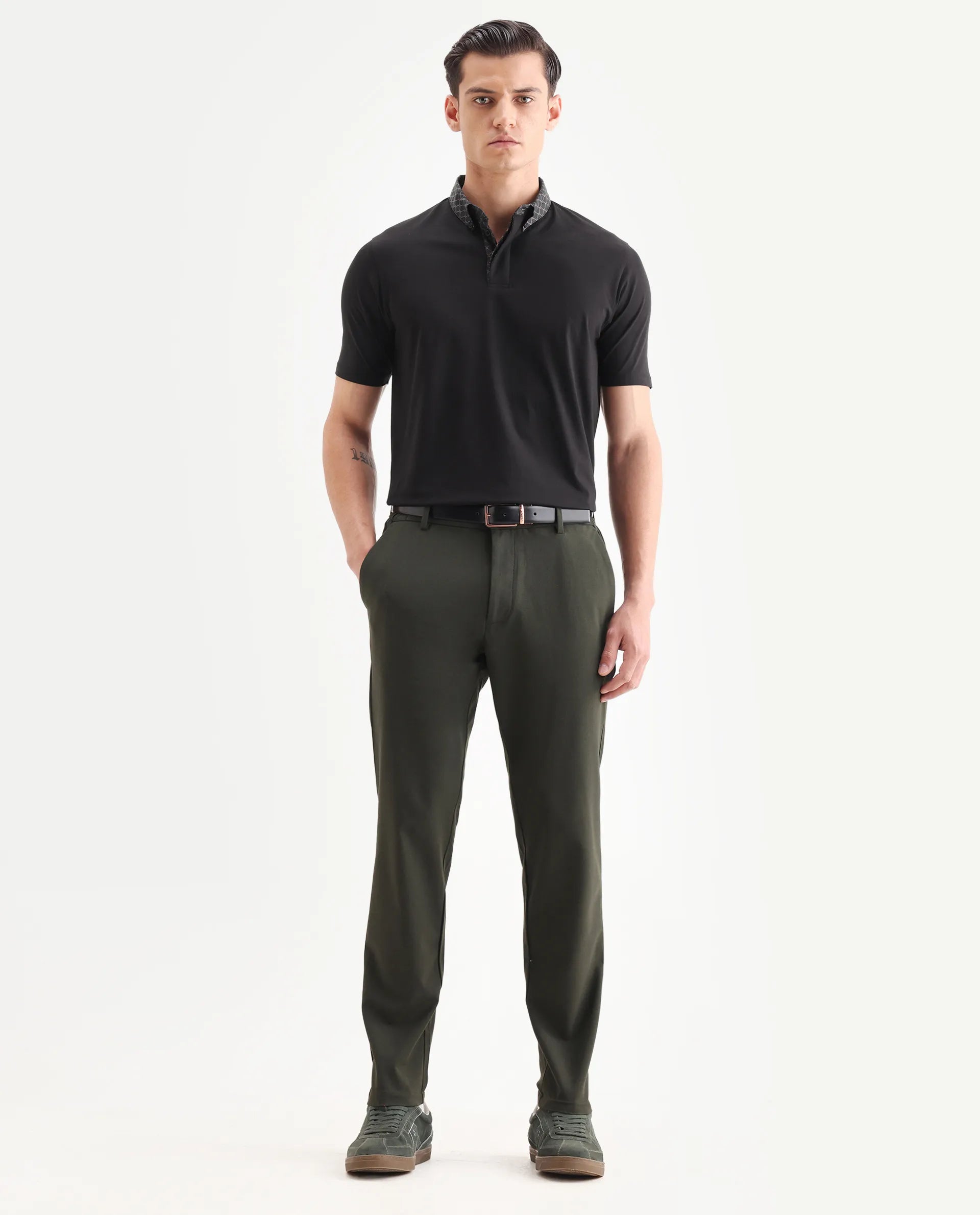 Rare Rabbit Men's Rinz Black Cotton Blend Plain Regular Fit Half Sleeve Polo