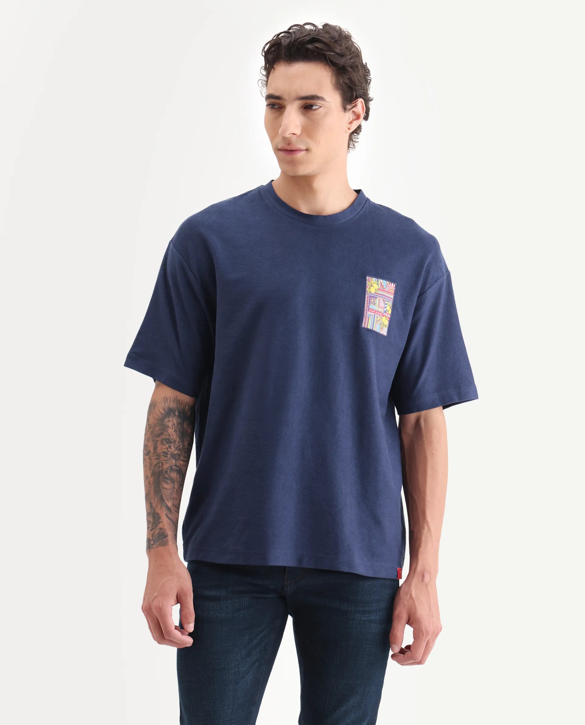 Rare Rabbit Men's Oxo Dark Blue Cotton Embroidered Oversized Fit Half Sleeve Crew Neck T-Shirt