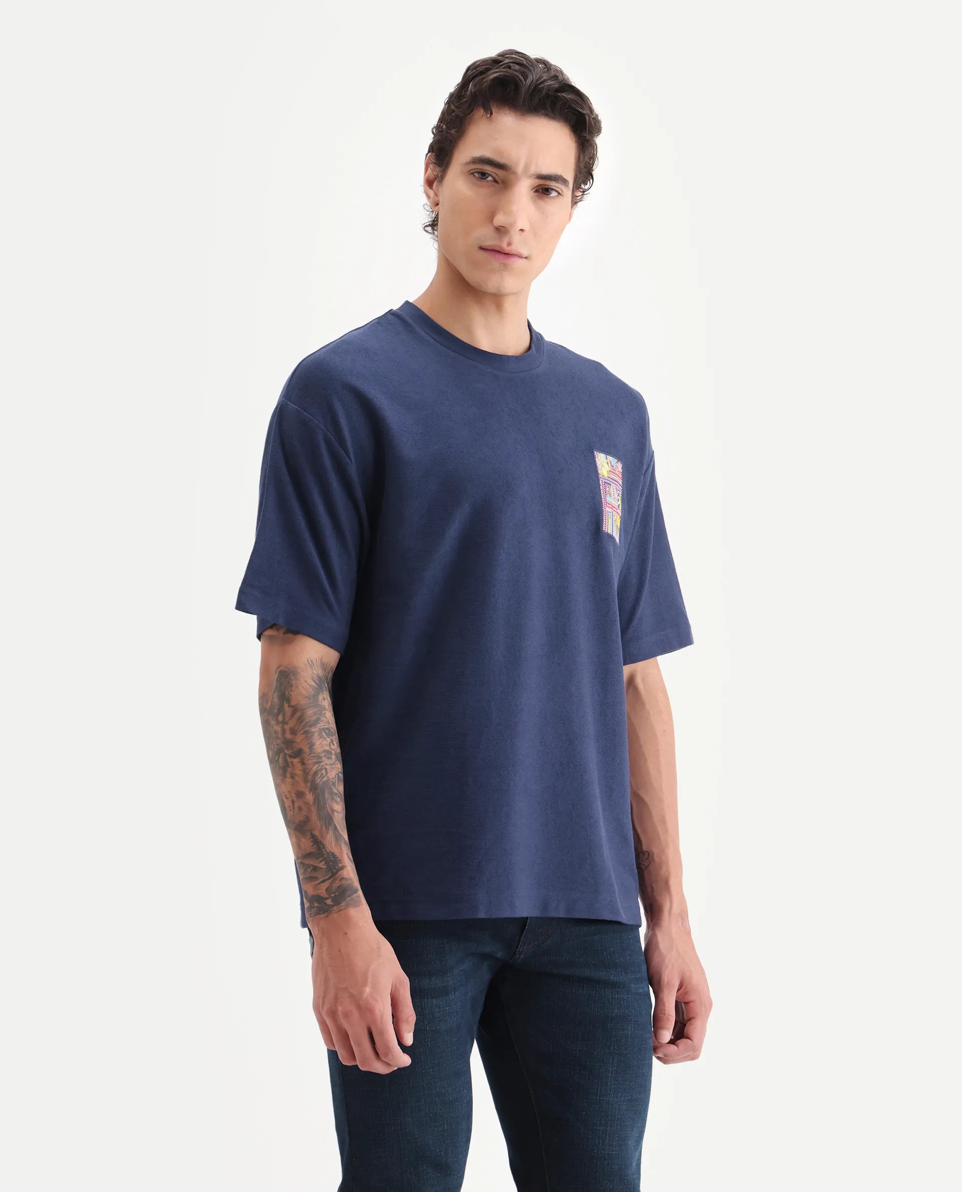 Rare Rabbit Men's Oxo Dark Blue Cotton Embroidered Oversized Fit Half Sleeve Crew Neck T-Shirt