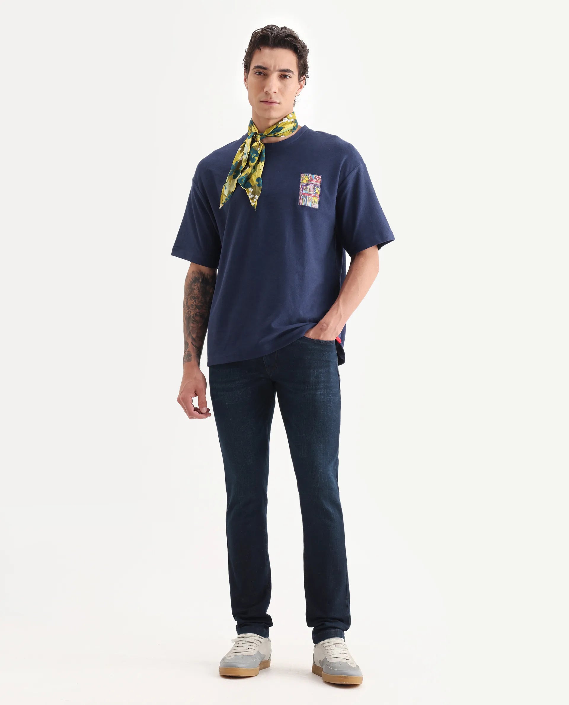 Rare Rabbit Men's Oxo Dark Blue Cotton Embroidered Oversized Fit Half Sleeve Crew Neck T-Shirt