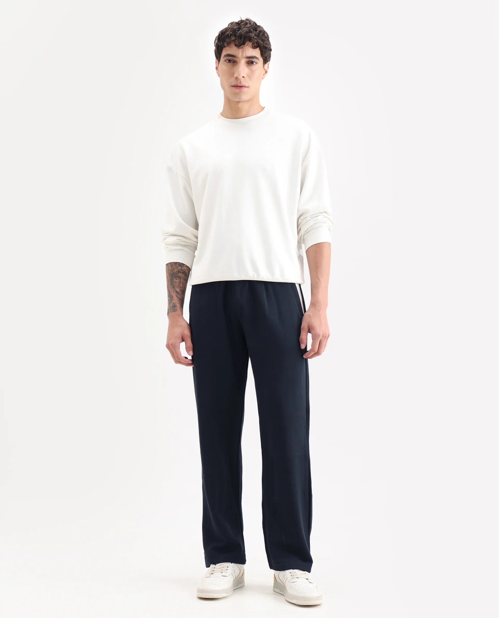 Rare Rabbit Men's Oblic Navy Cotton Blend Plain Relaxed Fit Track Pant