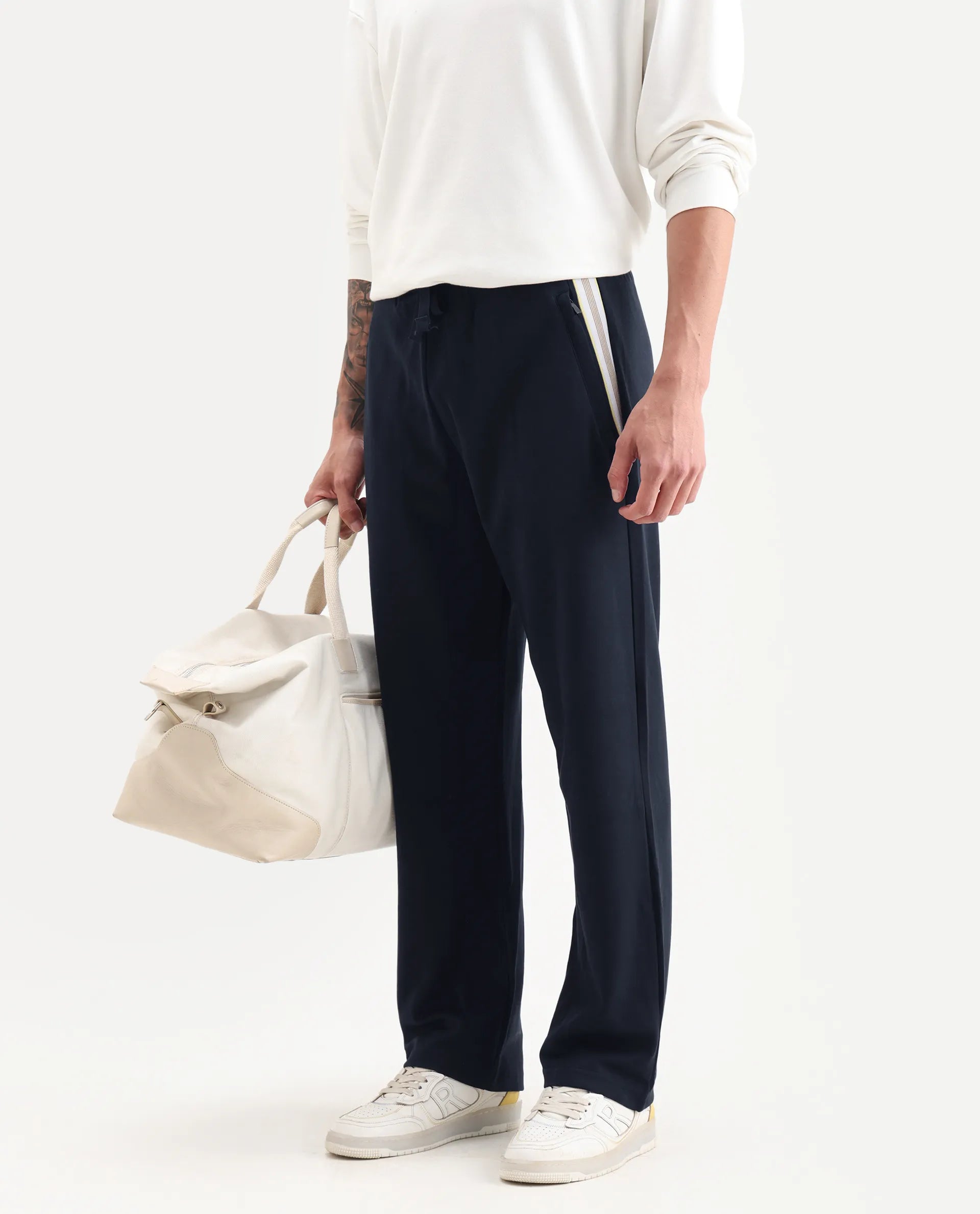 Rare Rabbit Men's Oblic Navy Cotton Blend Plain Relaxed Fit Track Pant