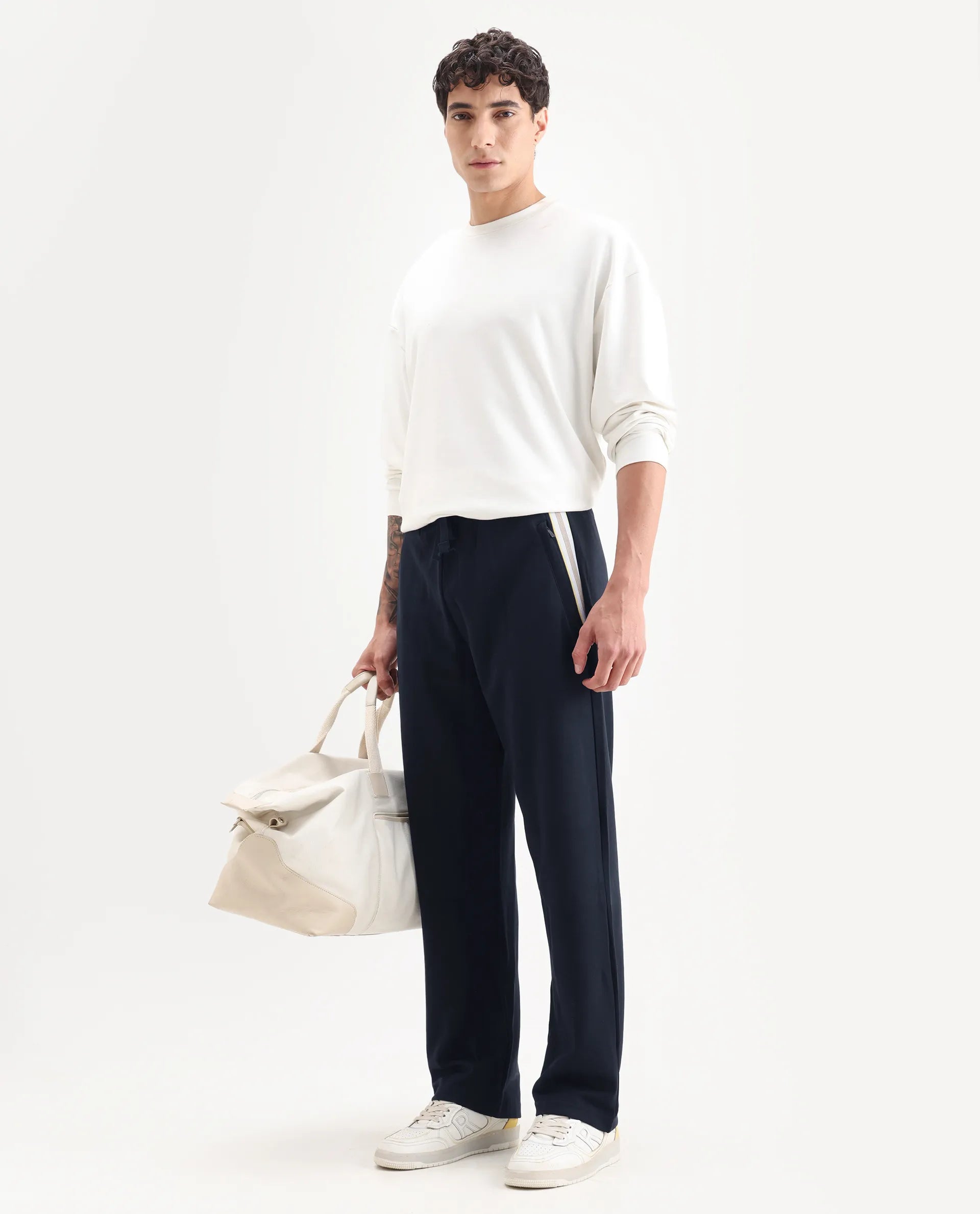 Rare Rabbit Men's Oblic Navy Cotton Blend Plain Relaxed Fit Track Pant