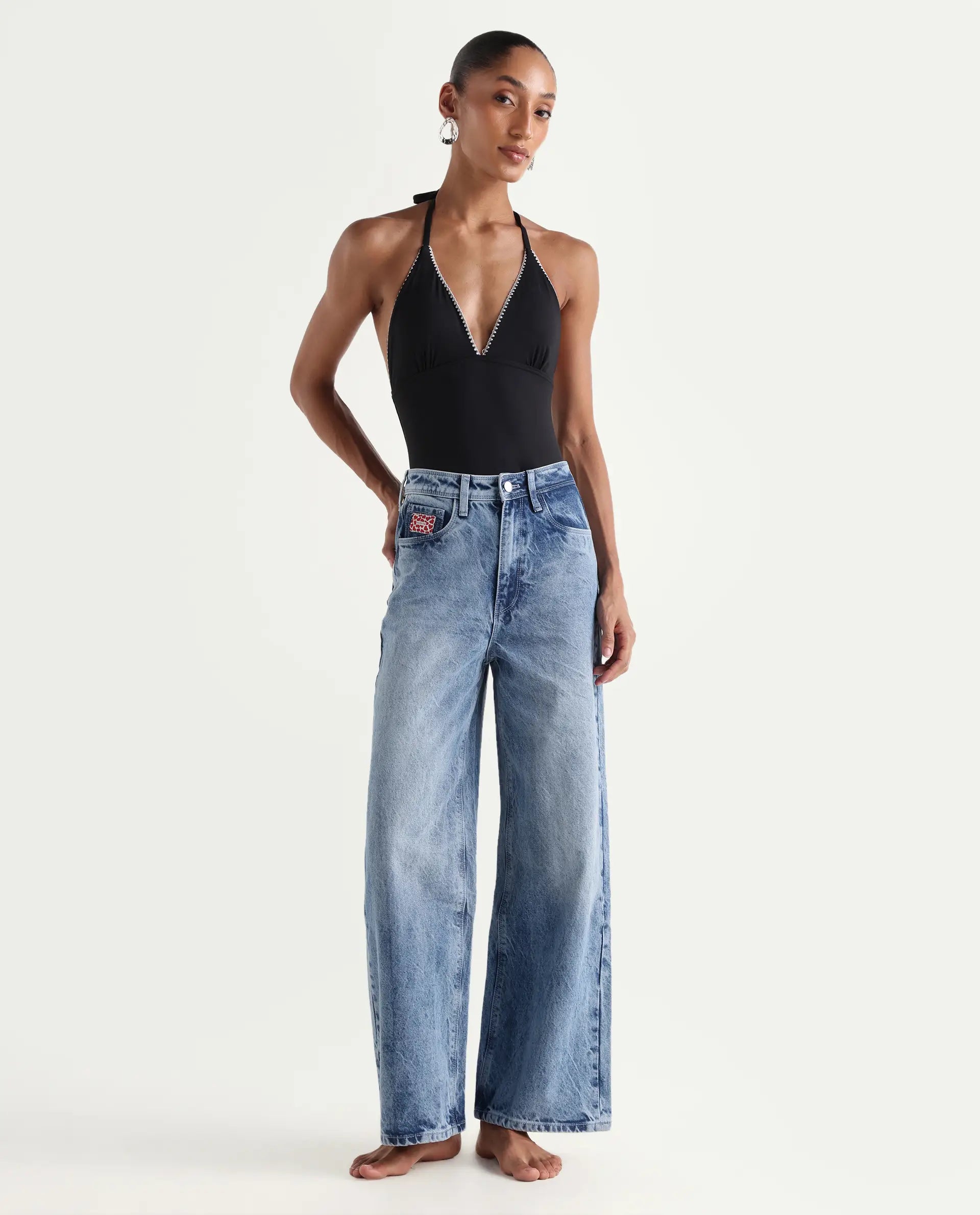 Rareism Women's Pref Blue Cotton Plain Ankle Length Effortless Sculpt high wide Jeans