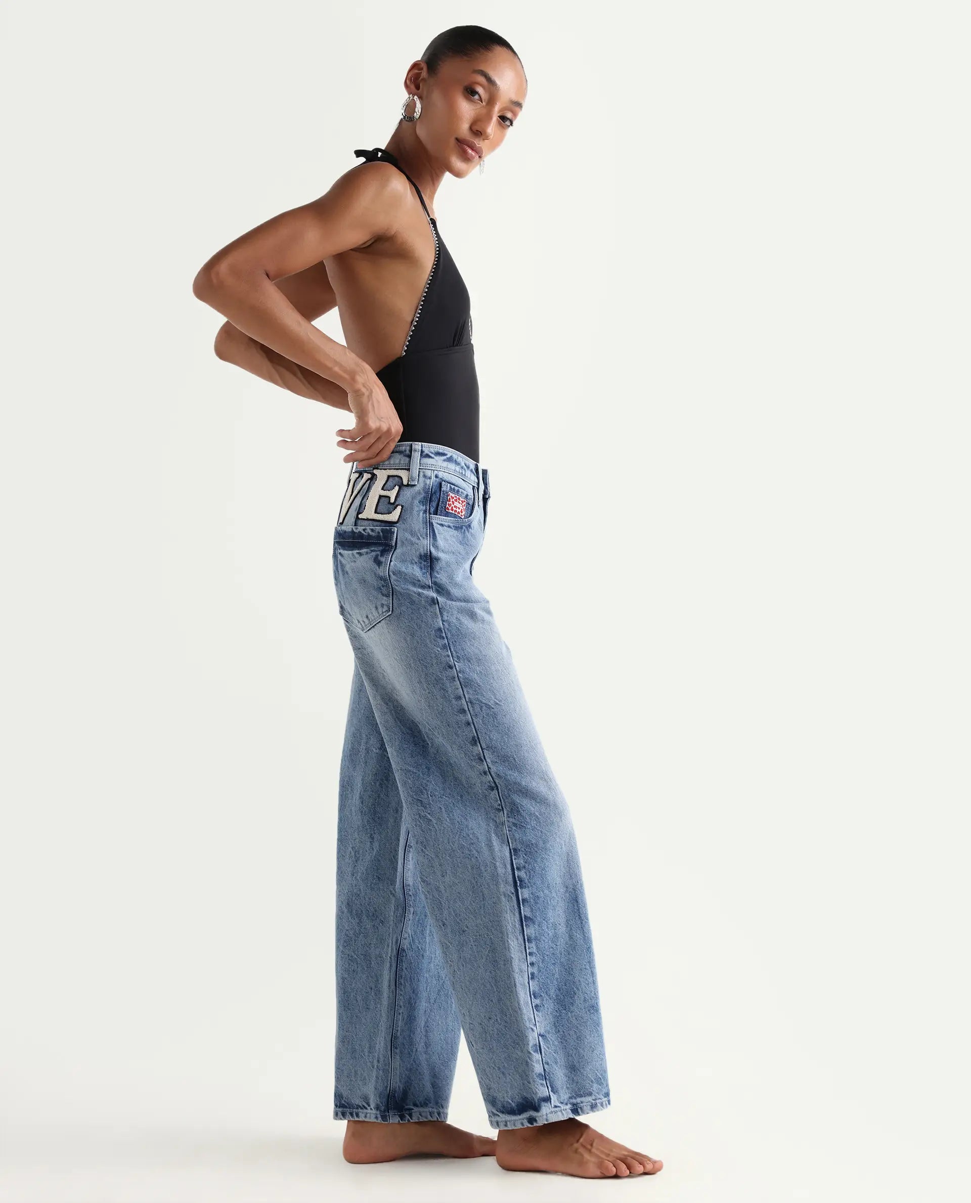 Rareism Women's Pref Blue Cotton Plain Ankle Length Effortless Sculpt high wide Jeans