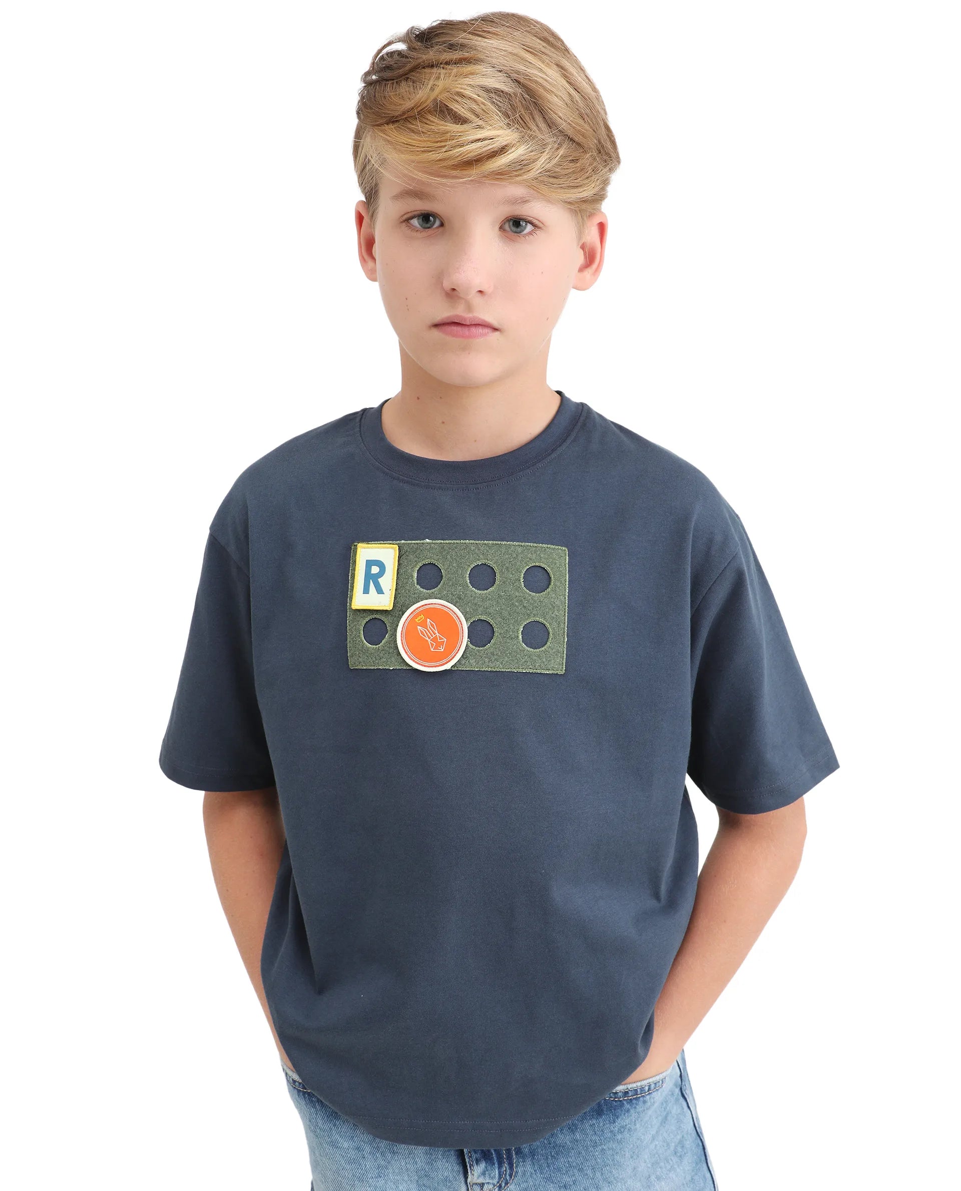 Rare Ones Kids Legun Navy Cotton Short Sleeve Crew Neck Boxy Solid T-Shirt