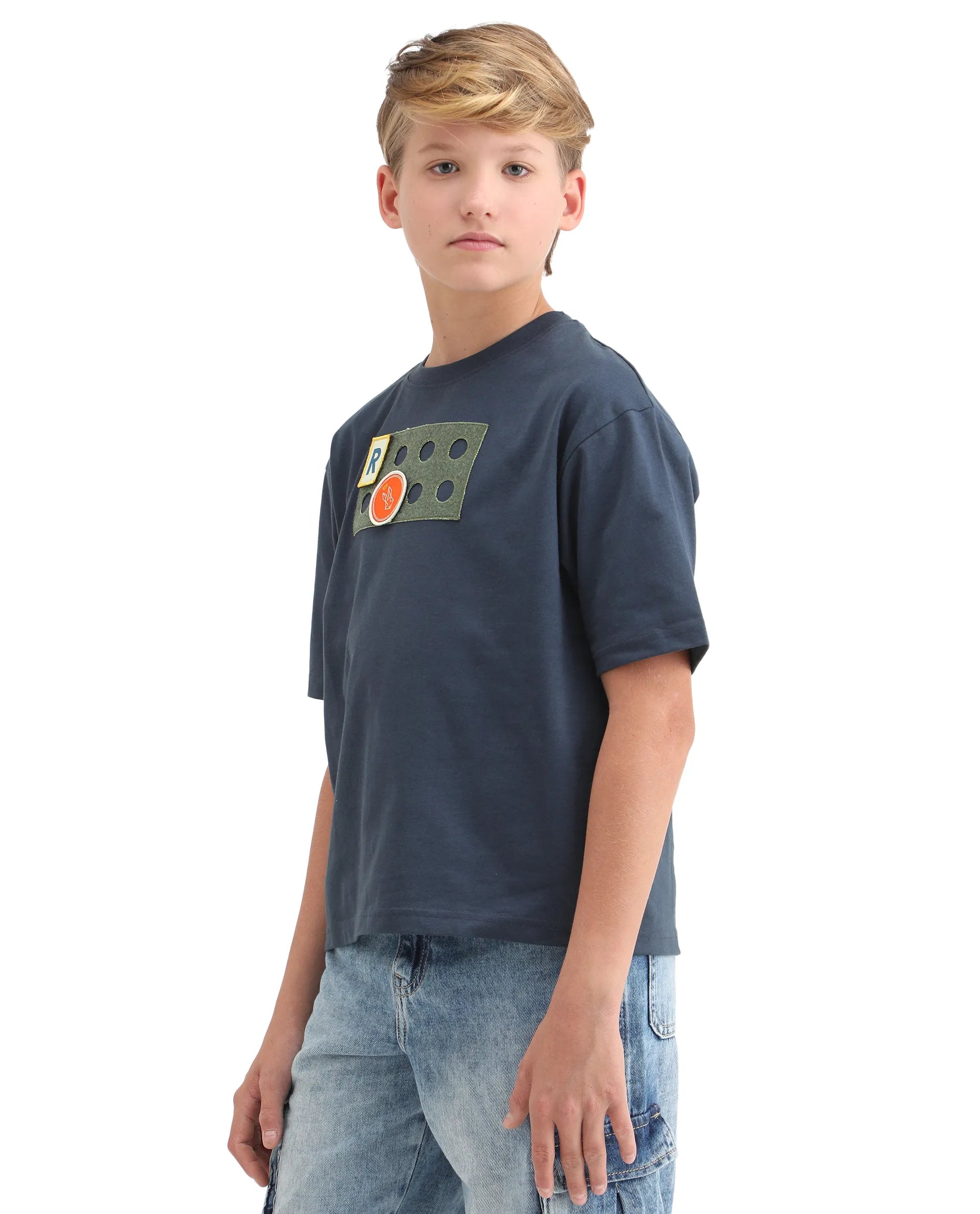 Rare Ones Kids Legun Navy Cotton Short Sleeve Crew Neck Boxy Solid T-Shirt