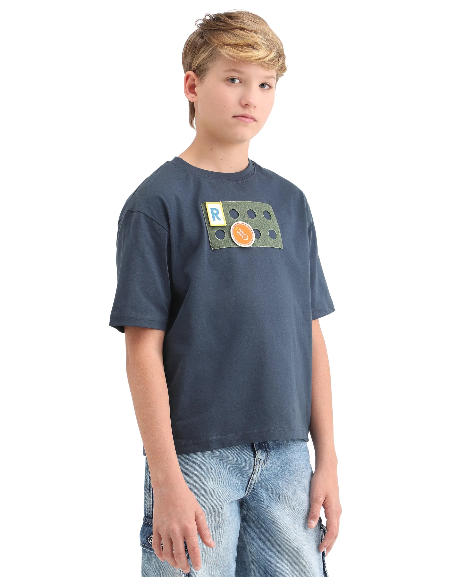 Rare Ones Kids Legun Navy Cotton Short Sleeve Crew Neck Boxy Solid T-Shirt