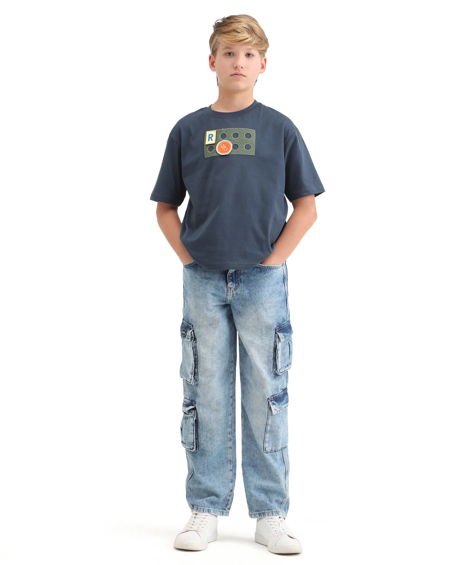 Rare Ones Kids Legun Navy Cotton Short Sleeve Crew Neck Boxy Solid T-Shirt