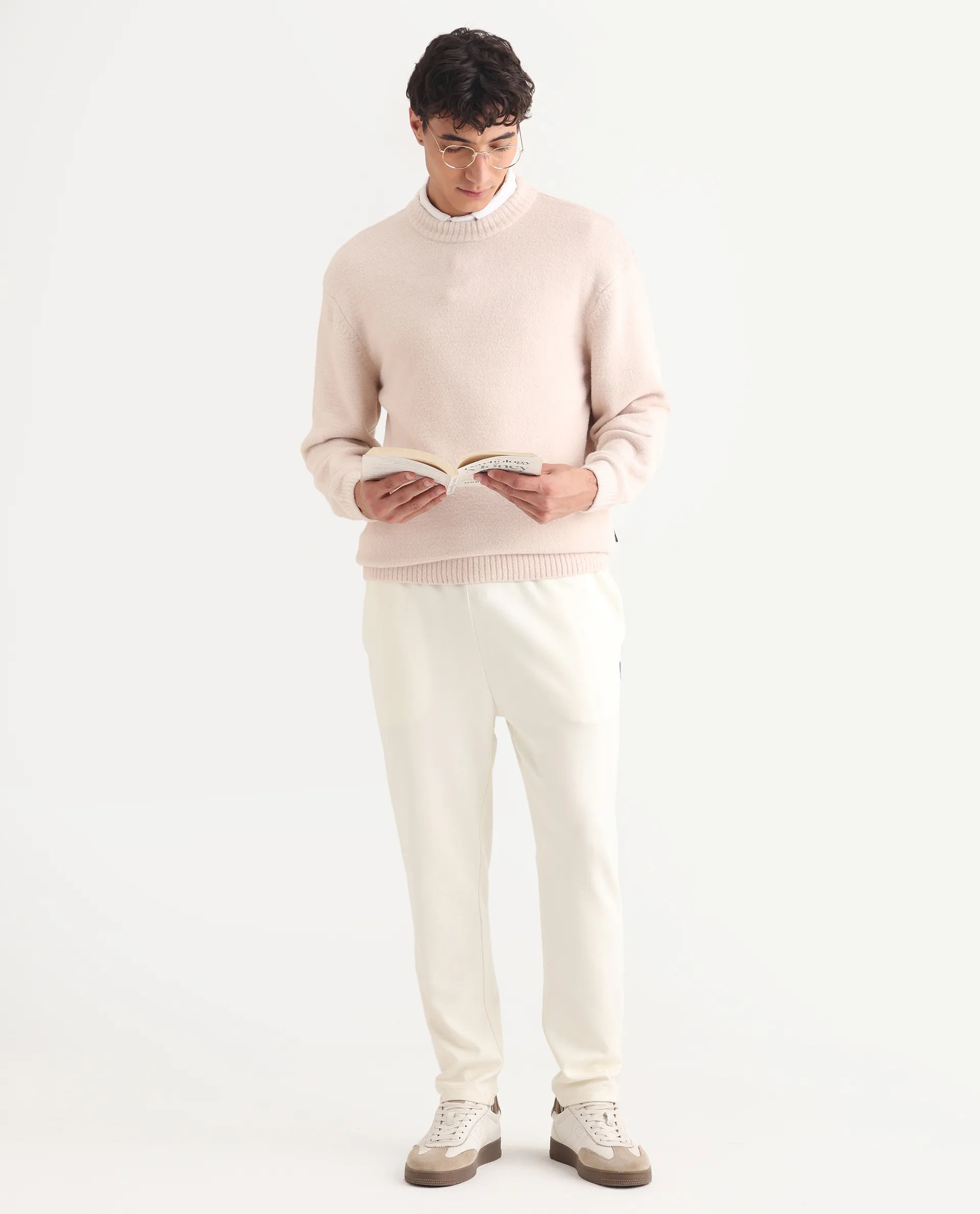 Rare Rabbit Men's Zeo-1 Beige Nylon Plain Regular Fit Full Sleeve Crew Neck Sweater