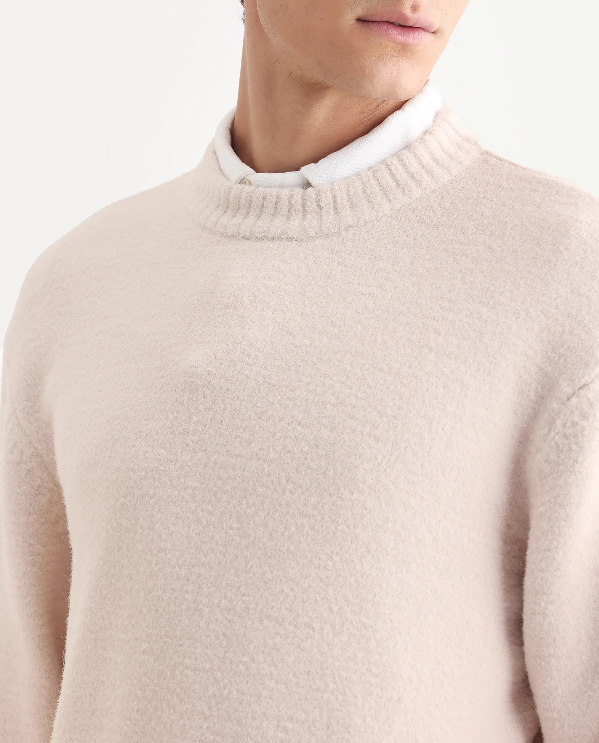 Rare Rabbit Men's Zeo-1 Beige Nylon Plain Regular Fit Full Sleeve Crew Neck Sweater