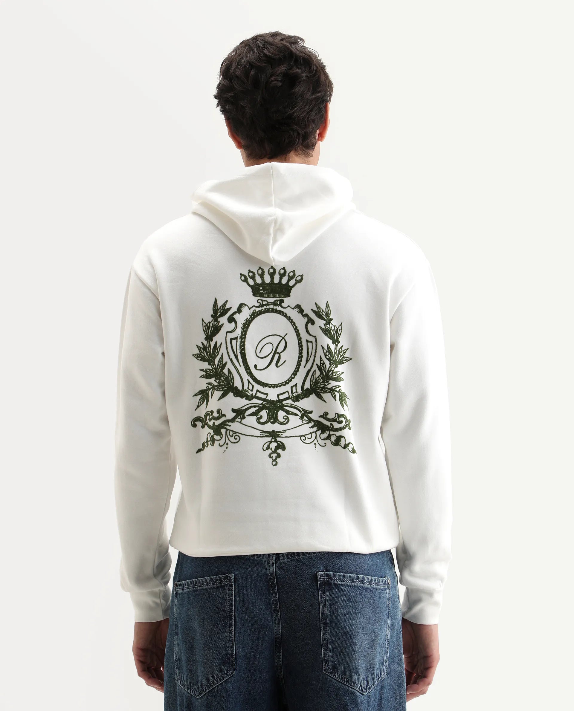 Rare Rabbit Men's Kant Off White Cotton Blend Graphic Print Boxy Fit Full Sleeve Hooded Sweatshirt