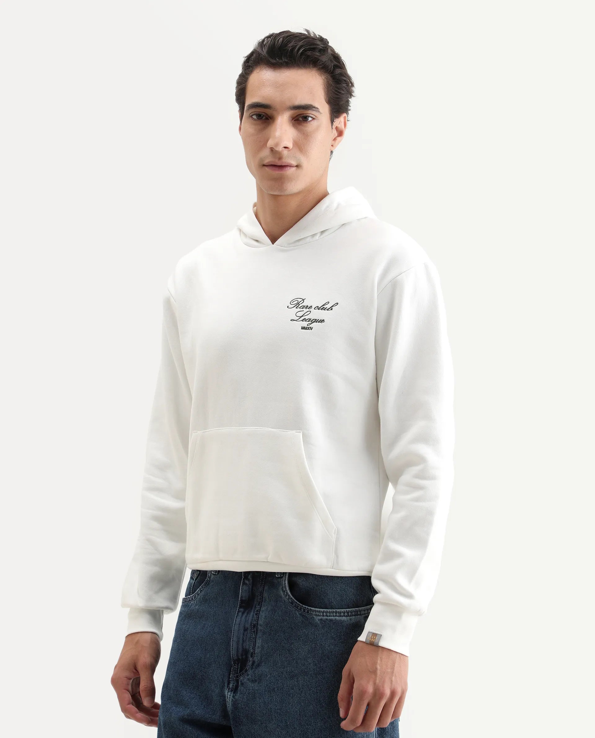 Rare Rabbit Men's Kant Off White Cotton Blend Graphic Print Boxy Fit Full Sleeve Hooded Sweatshirt