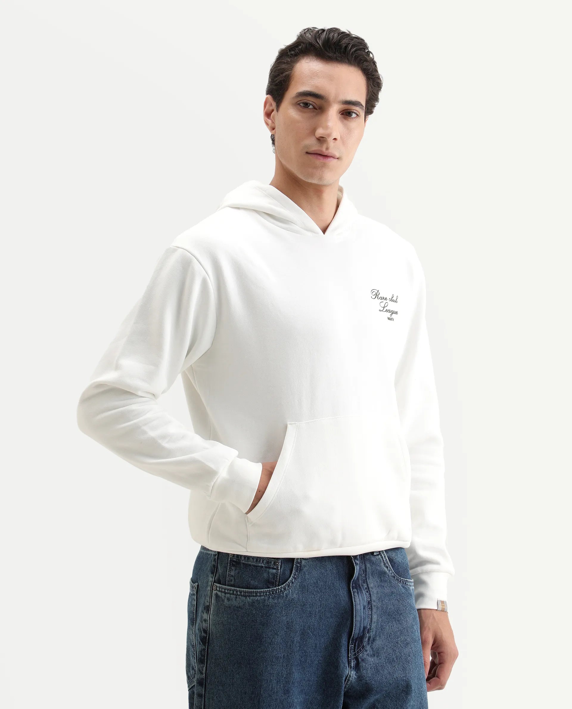 Rare Rabbit Men's Kant Off White Cotton Blend Graphic Print Boxy Fit Full Sleeve Hooded Sweatshirt