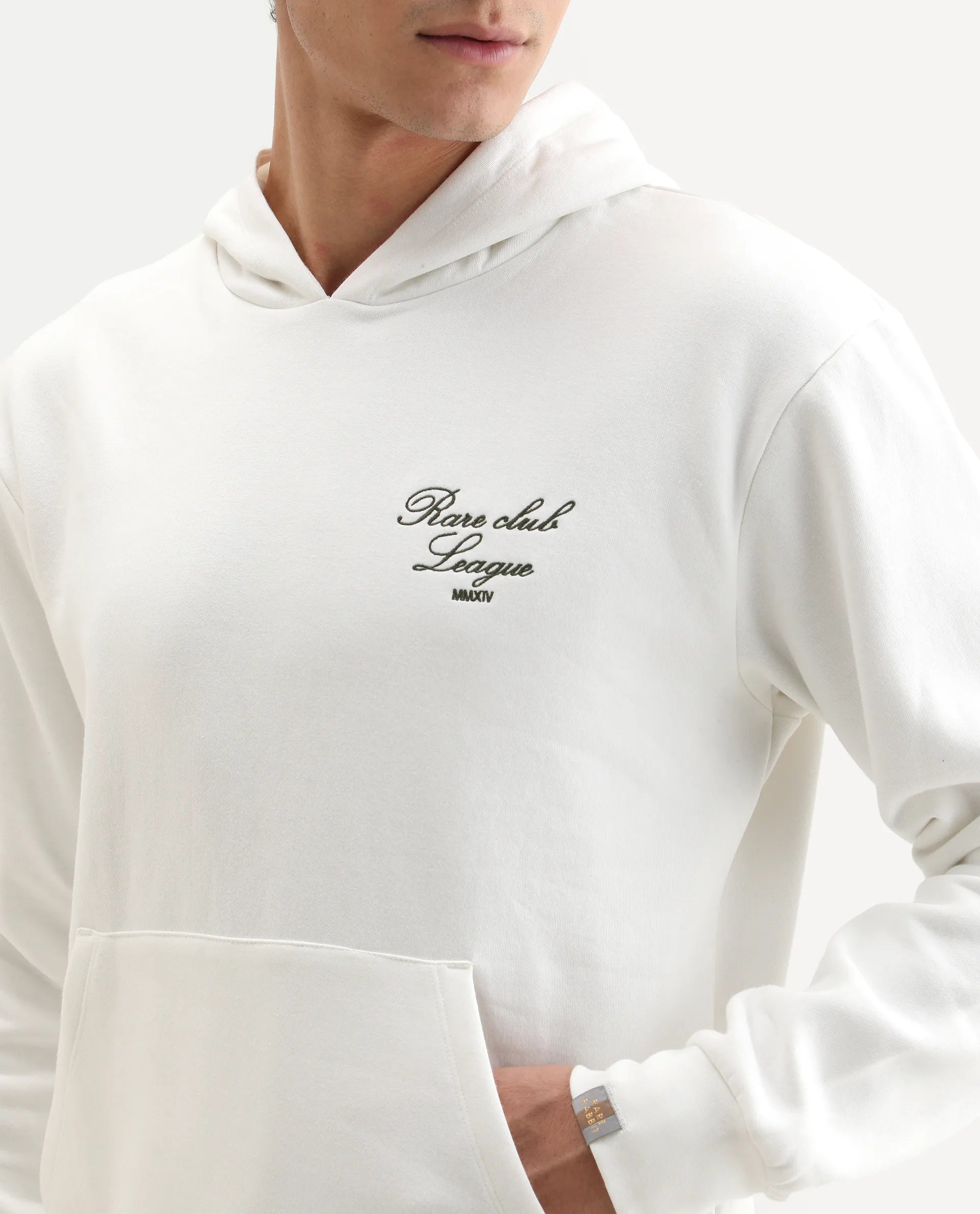 Rare Rabbit Men's Kant Off White Cotton Blend Graphic Print Boxy Fit Full Sleeve Hooded Sweatshirt