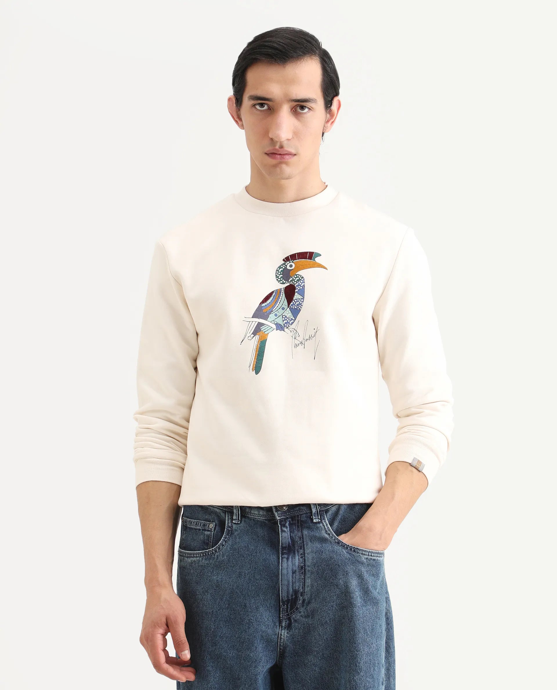 Rare Rabbit Men's Nantes Off White Cotton Blend Graphic Print Boxy Fit Full Sleeve Crew Neck Sweatshirt