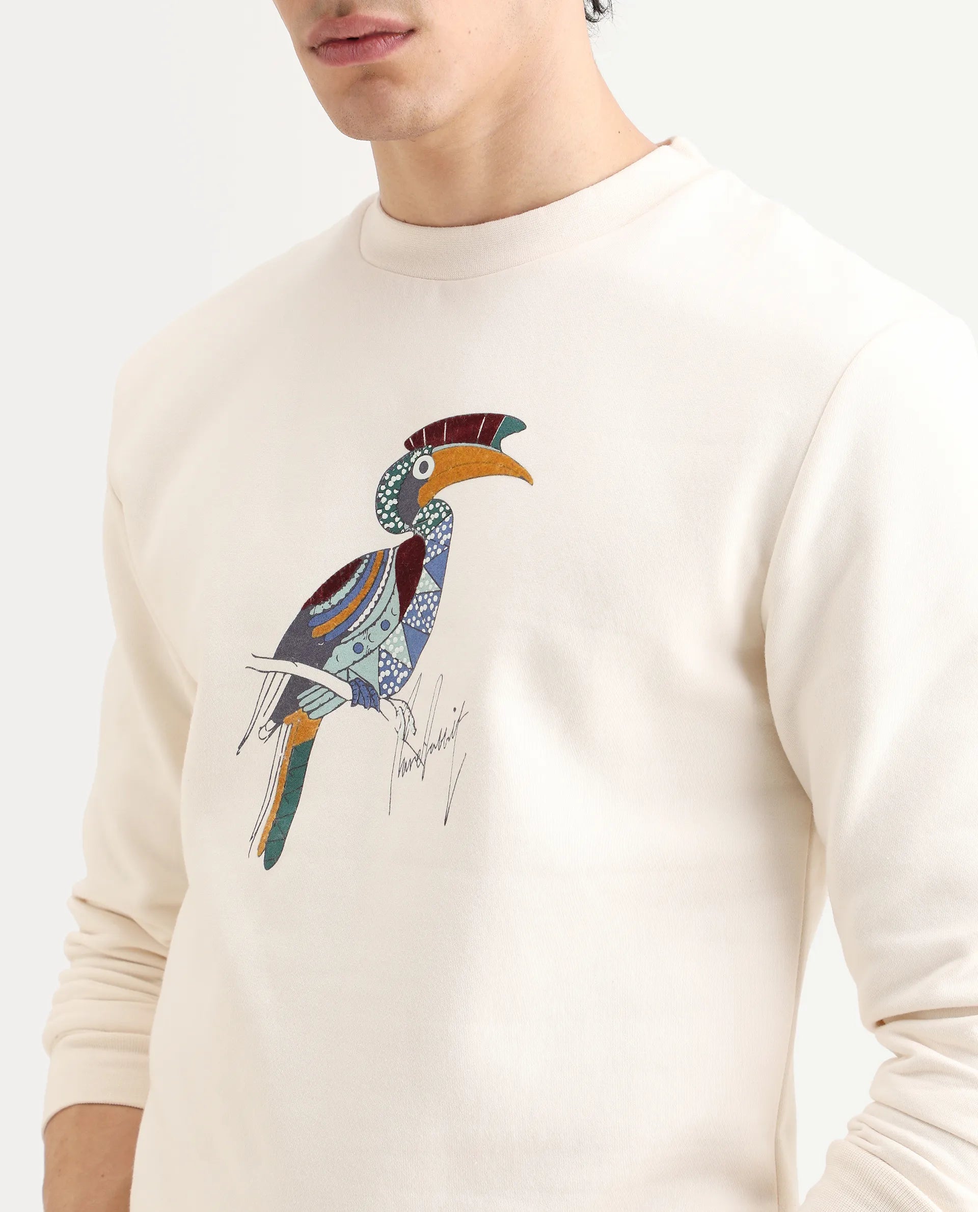 Rare Rabbit Men's Nantes Off White Cotton Blend Graphic Print Boxy Fit Full Sleeve Crew Neck Sweatshirt