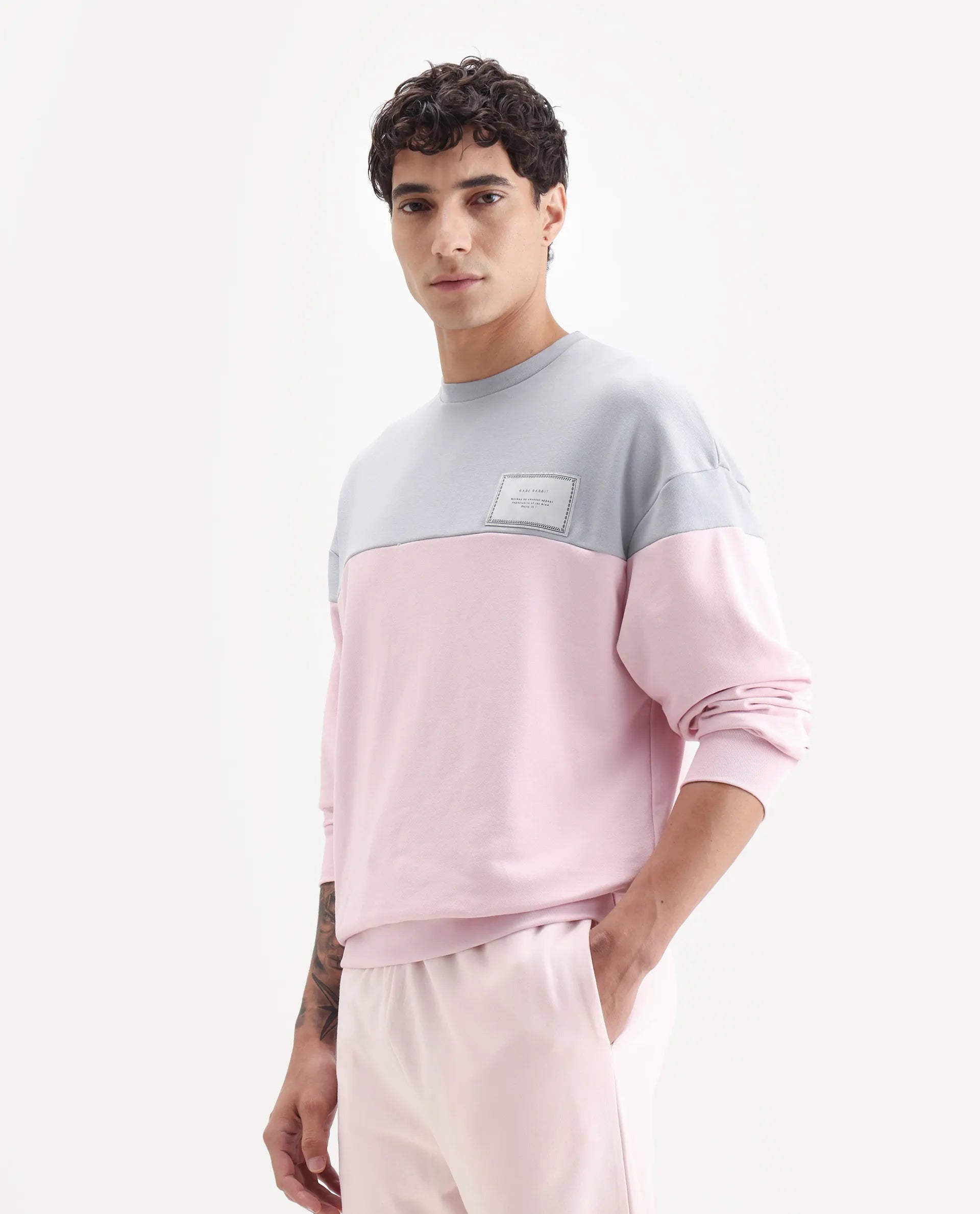 Rare Rabbit Men's Doel Grey Cotton Blend Ombre Boxy Fit Full Sleeve Crew Neck Sweatshirt