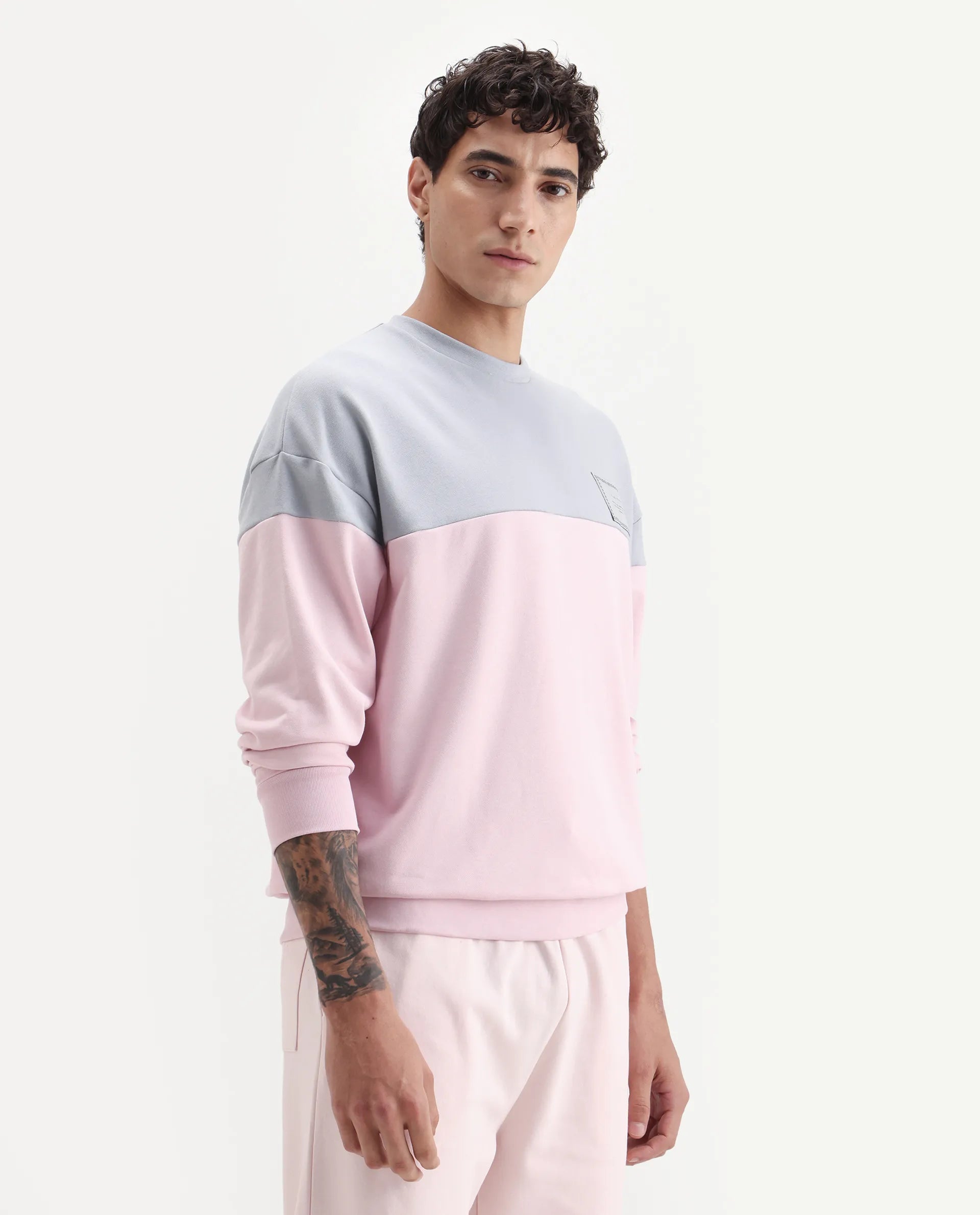 Rare Rabbit Men's Doel Grey Cotton Blend Ombre Boxy Fit Full Sleeve Crew Neck Sweatshirt