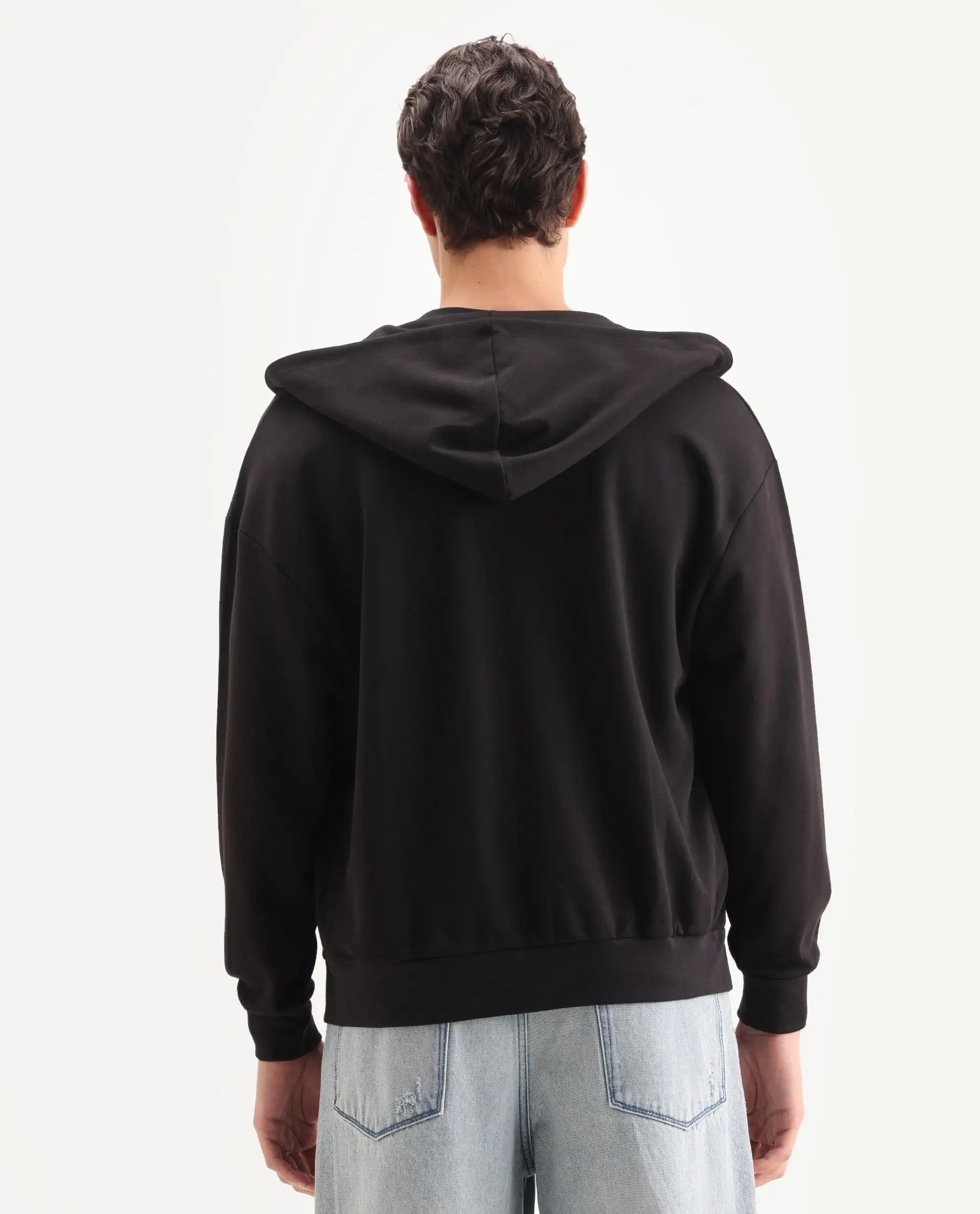 Rare Rabbit Men's Con Black Cotton Blend Graphic Print Boxy Fit Full Sleeve Hooded Sweatshirt