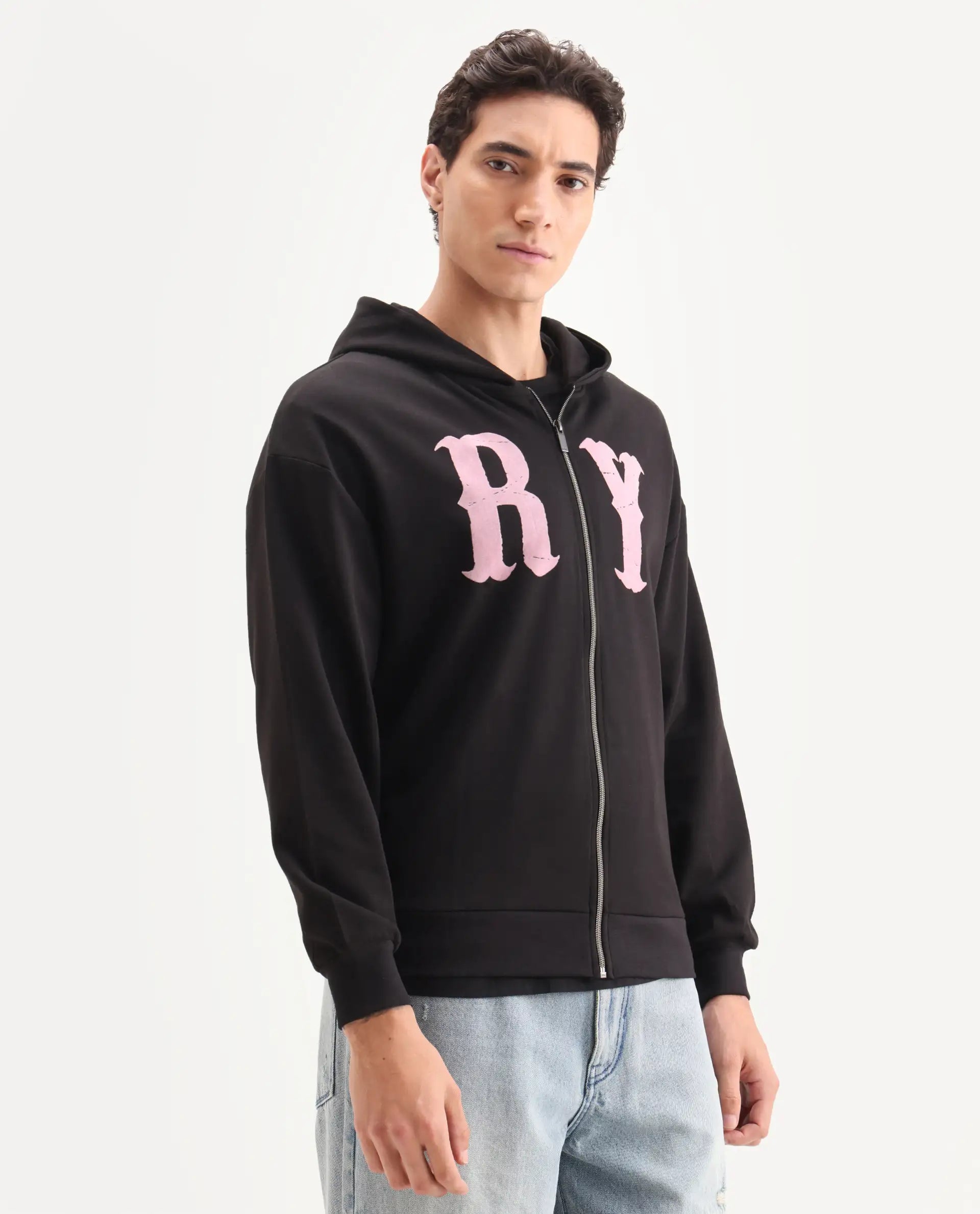 Rare Rabbit Men's Con Black Cotton Blend Graphic Print Boxy Fit Full Sleeve Hooded Sweatshirt