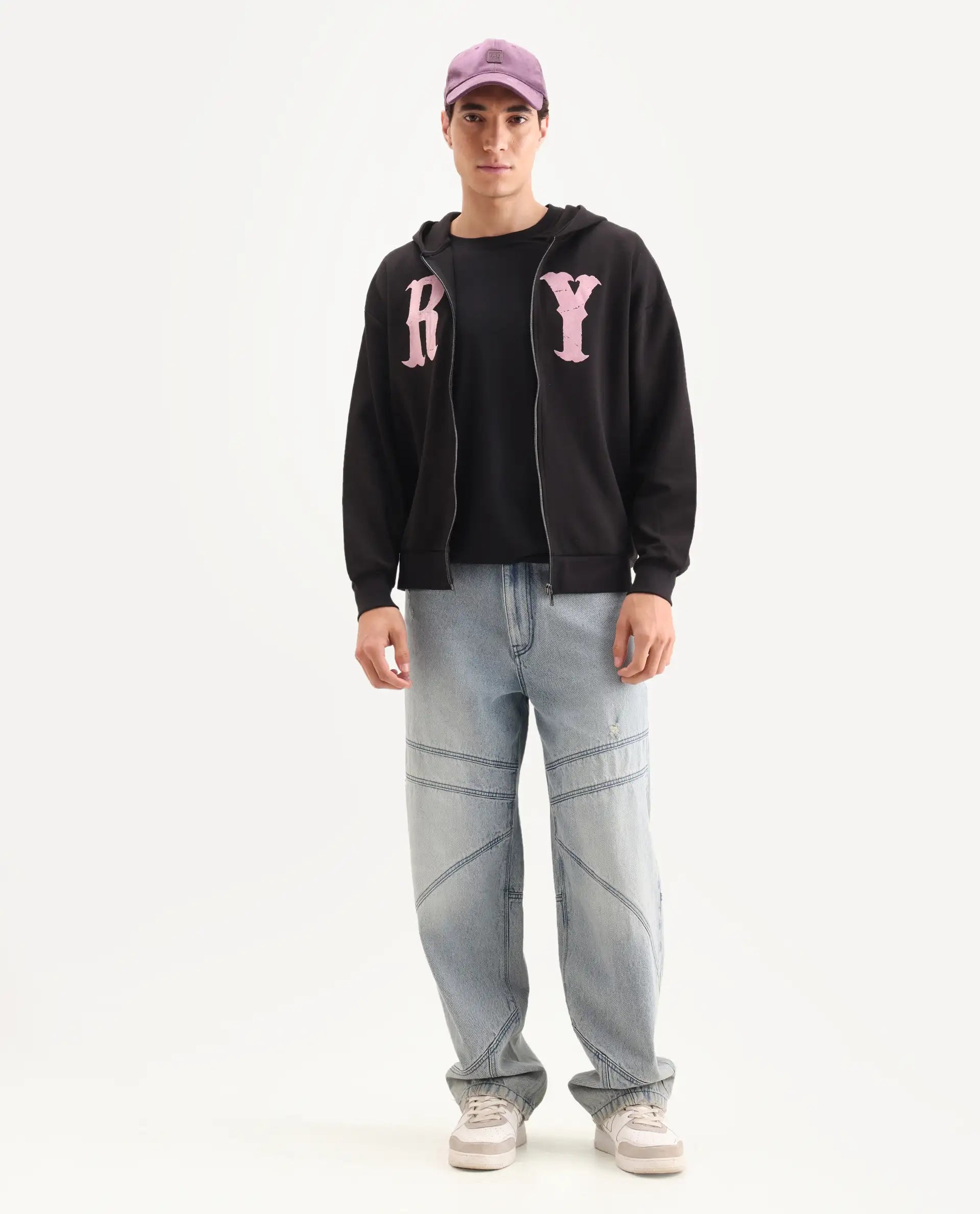 Rare Rabbit Men's Con Black Cotton Blend Graphic Print Boxy Fit Full Sleeve Hooded Sweatshirt