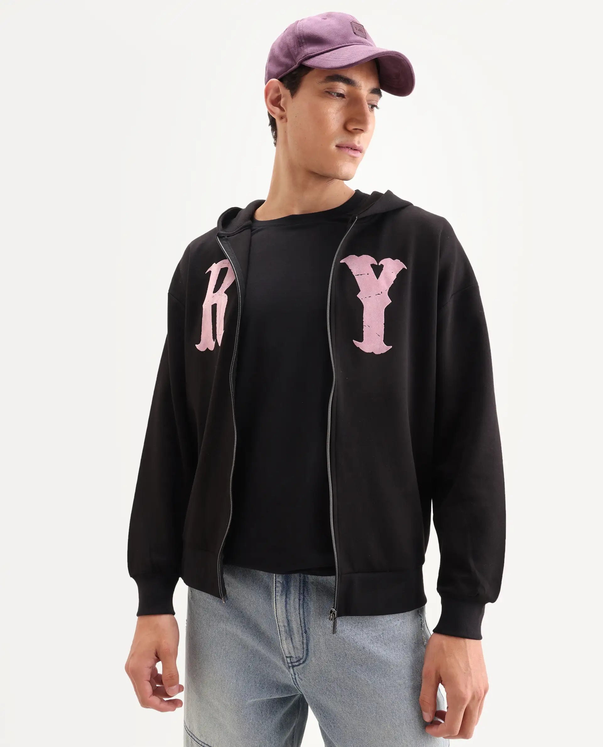 Rare Rabbit Men's Con Black Cotton Blend Graphic Print Boxy Fit Full Sleeve Hooded Sweatshirt