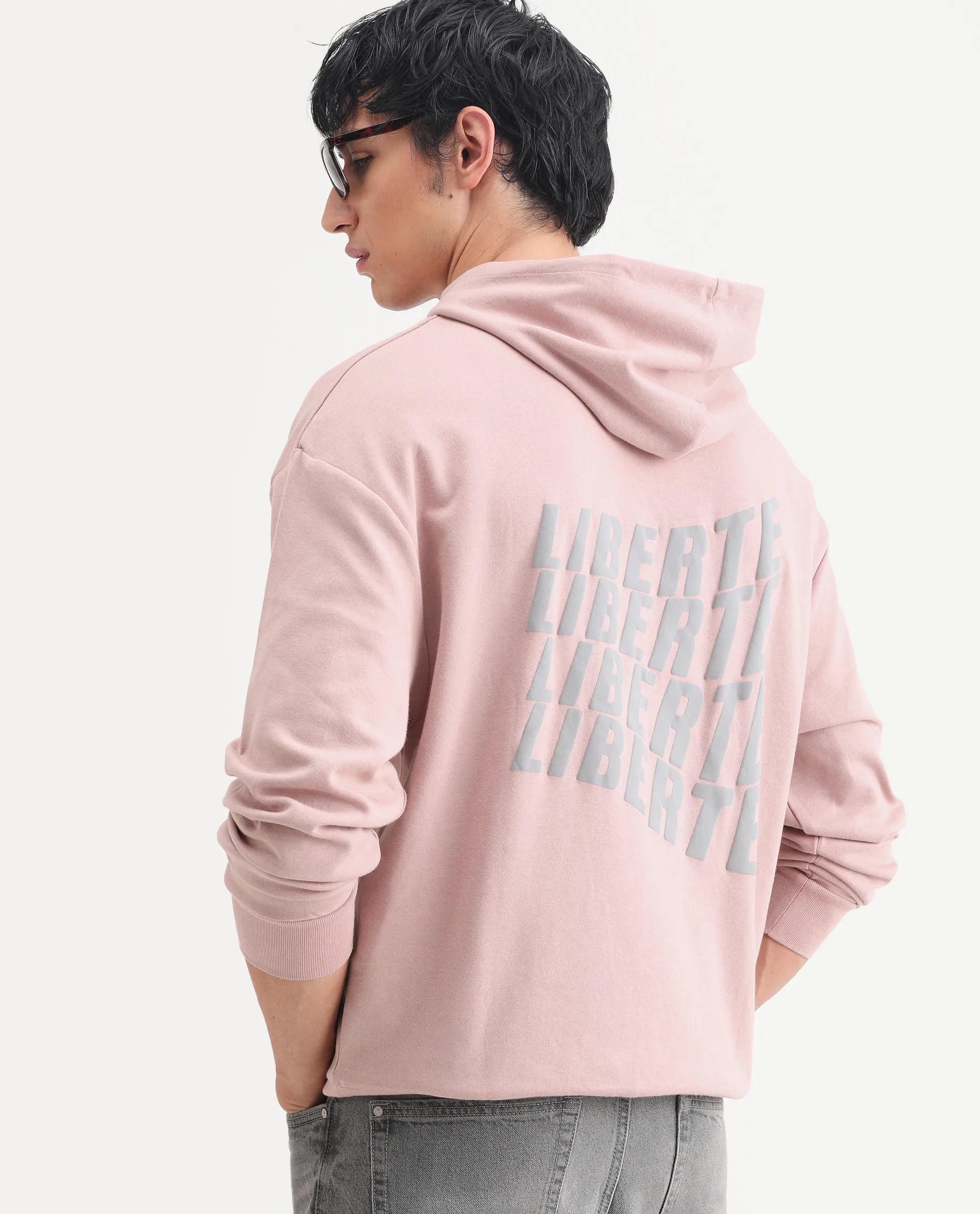 Rare Rabbit Men's Wale Dusky Pink Cotton Blend Graphic Print Boxy Fit Full Sleeve Hooded Sweatshirt