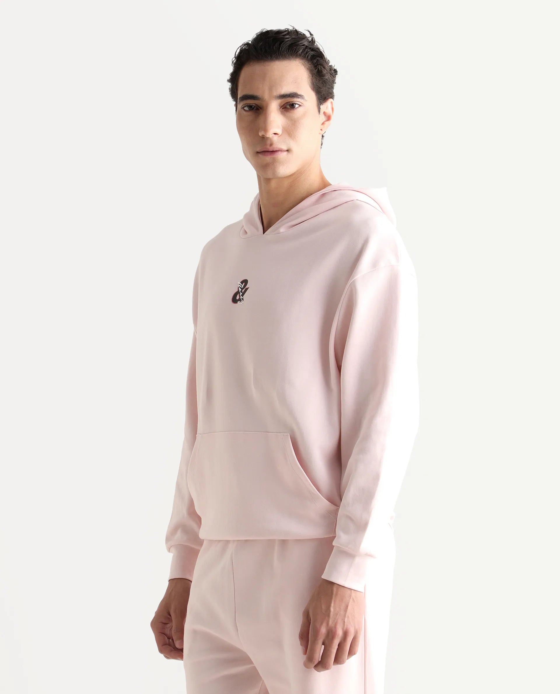 Rare Rabbit Men's Junol Pastel Pink Cotton Blend Embroidered Boxy Fit Full Sleeve Hooded Sweatshirt