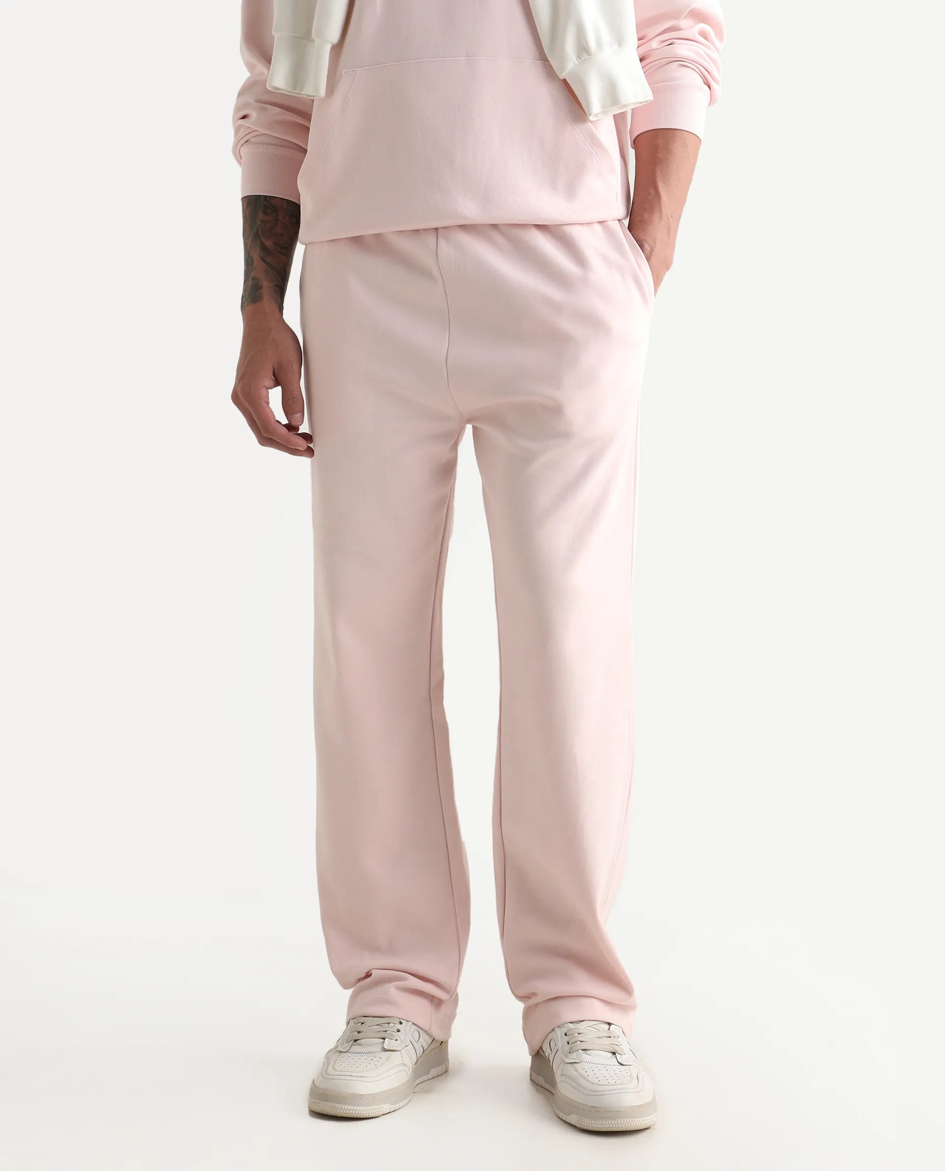Rare Rabbit Men's Junolt-B Pastel Pink Cotton Blend Embroidered Regular Fit Track Pant