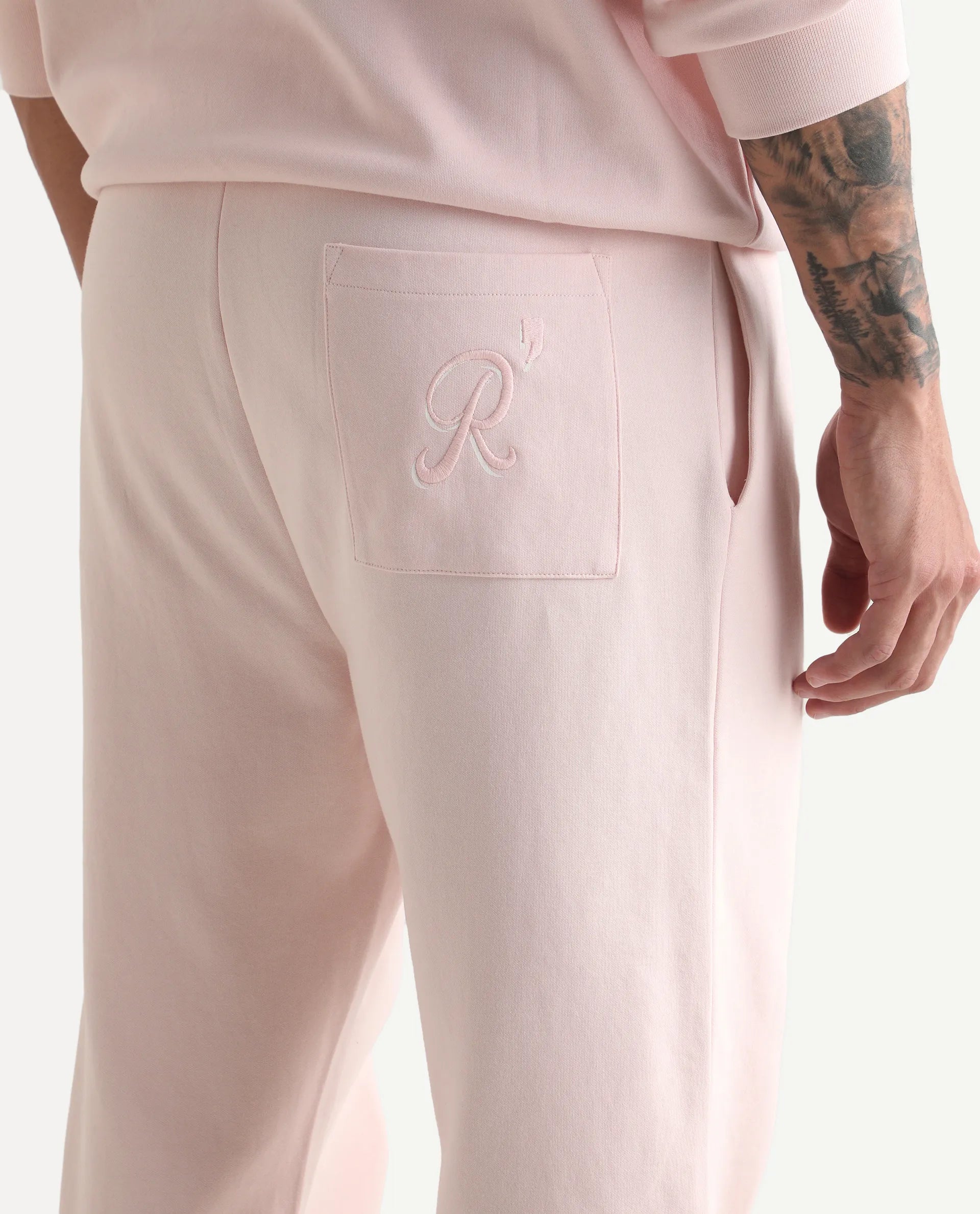 Rare Rabbit Men's Junolt-B Pastel Pink Cotton Blend Embroidered Regular Fit Track Pant