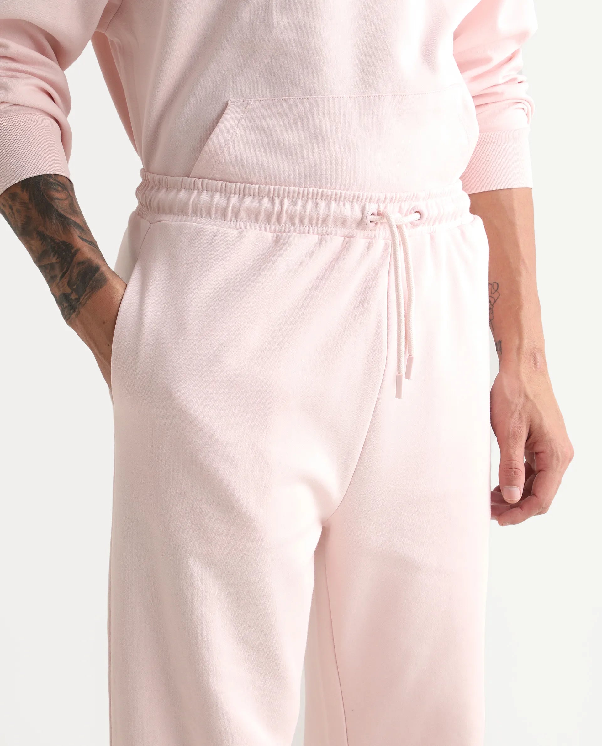 Rare Rabbit Men's Junolt-B Pastel Pink Cotton Blend Embroidered Regular Fit Track Pant