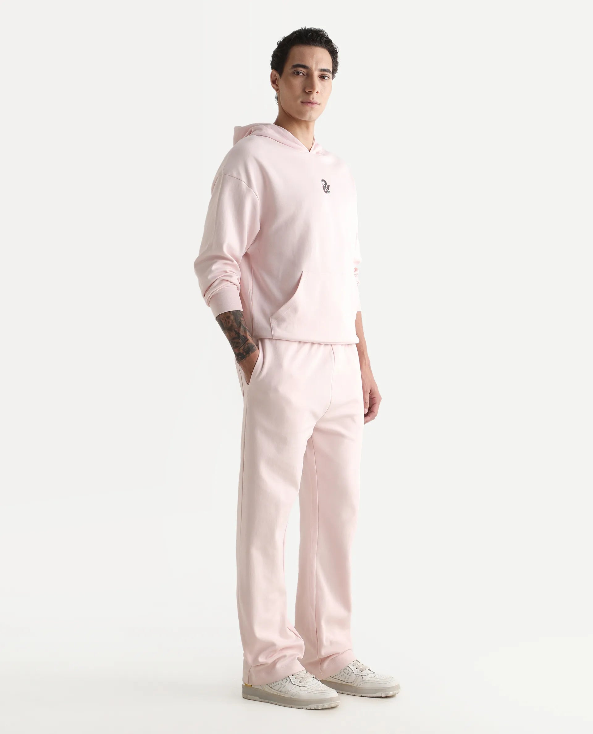 Rare Rabbit Men's Junolt-B Pastel Pink Cotton Blend Embroidered Regular Fit Track Pant