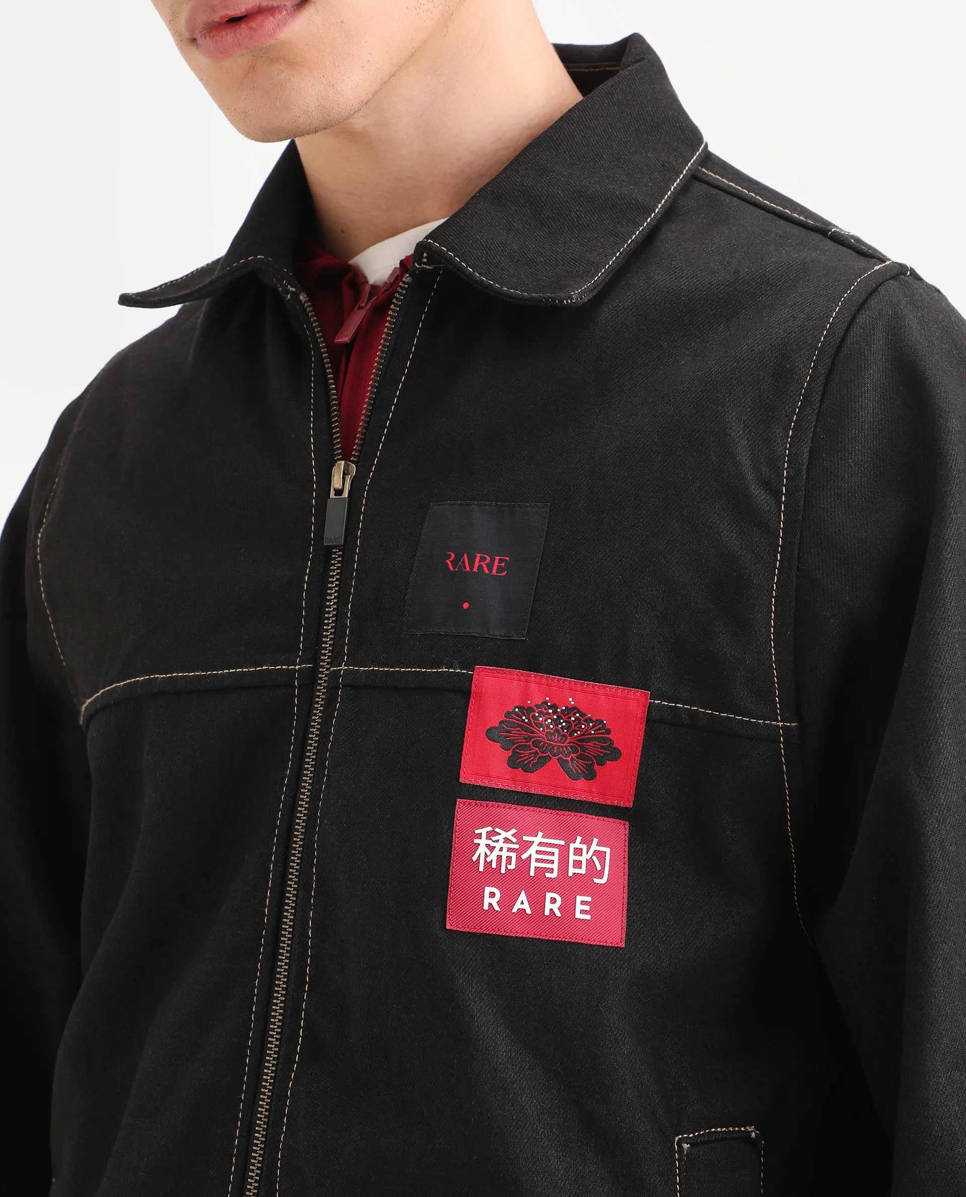 Rare Rabbit Men's Clovix Black Cotton Label Print Regular Fit Full Sleeve Spread Collar Jacket