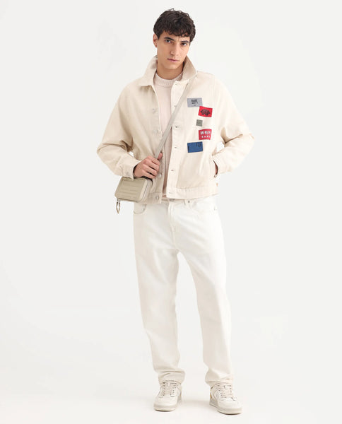 Buy Rewq - Off White Relaxed Fit Label Print Jacket| Rare Rabbit