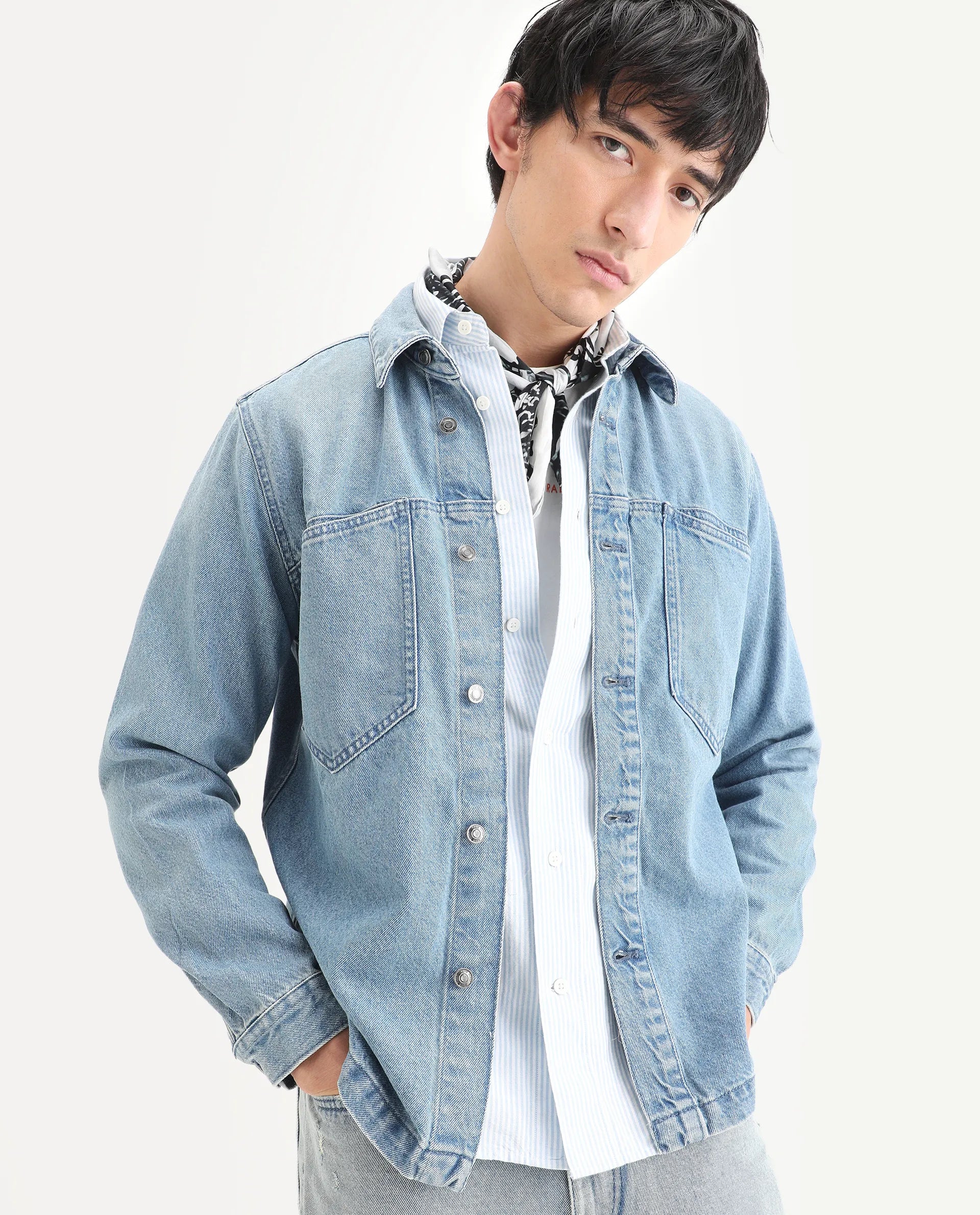 Rare Rabbit Men's Tycho Blue Cotton Plain Oversized Fit Full Sleeve Spread Collar Jacket