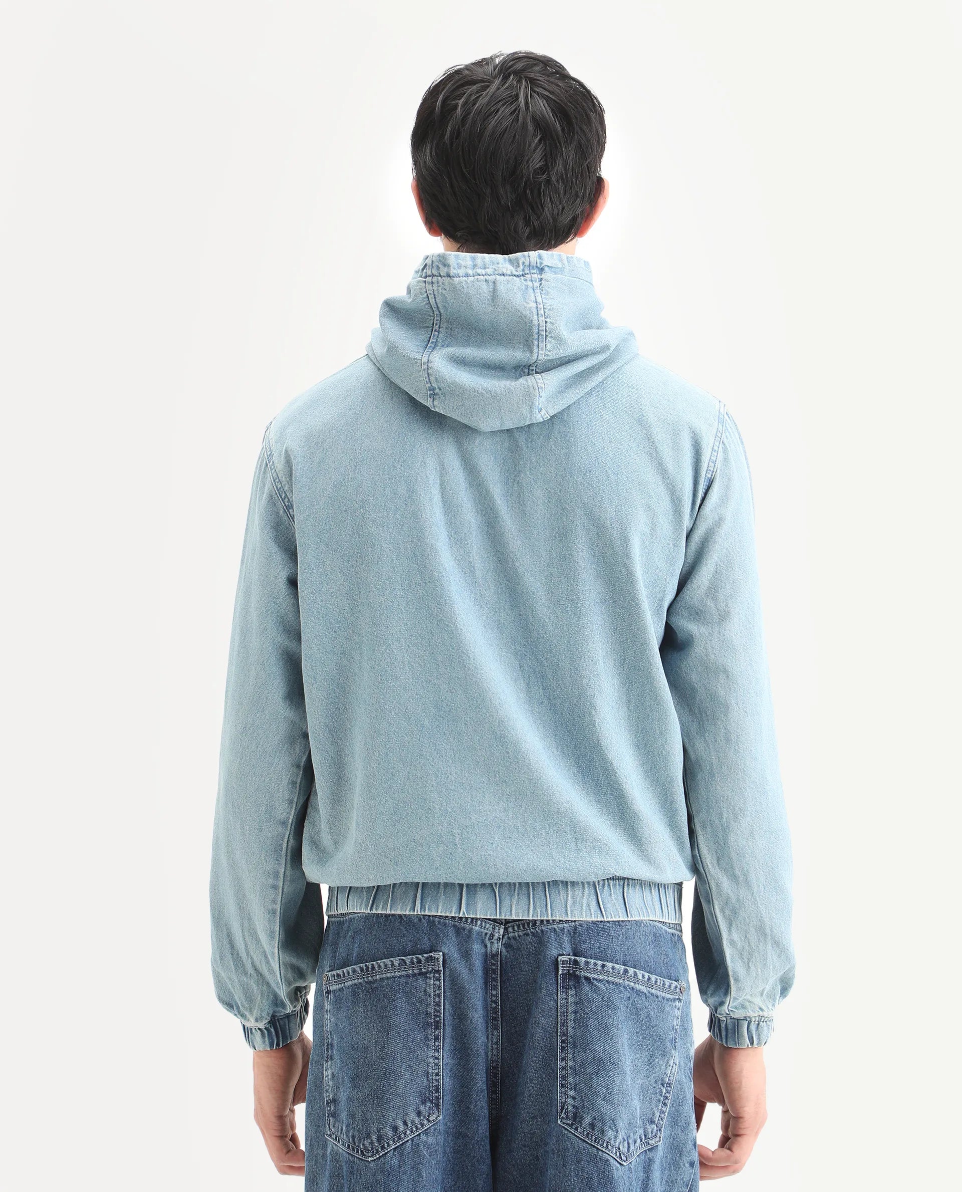 Rare Rabbit Men's Voltas Light Blue Cotton Plain Oversized Fit Full Sleeve Hooded Sweatshirt