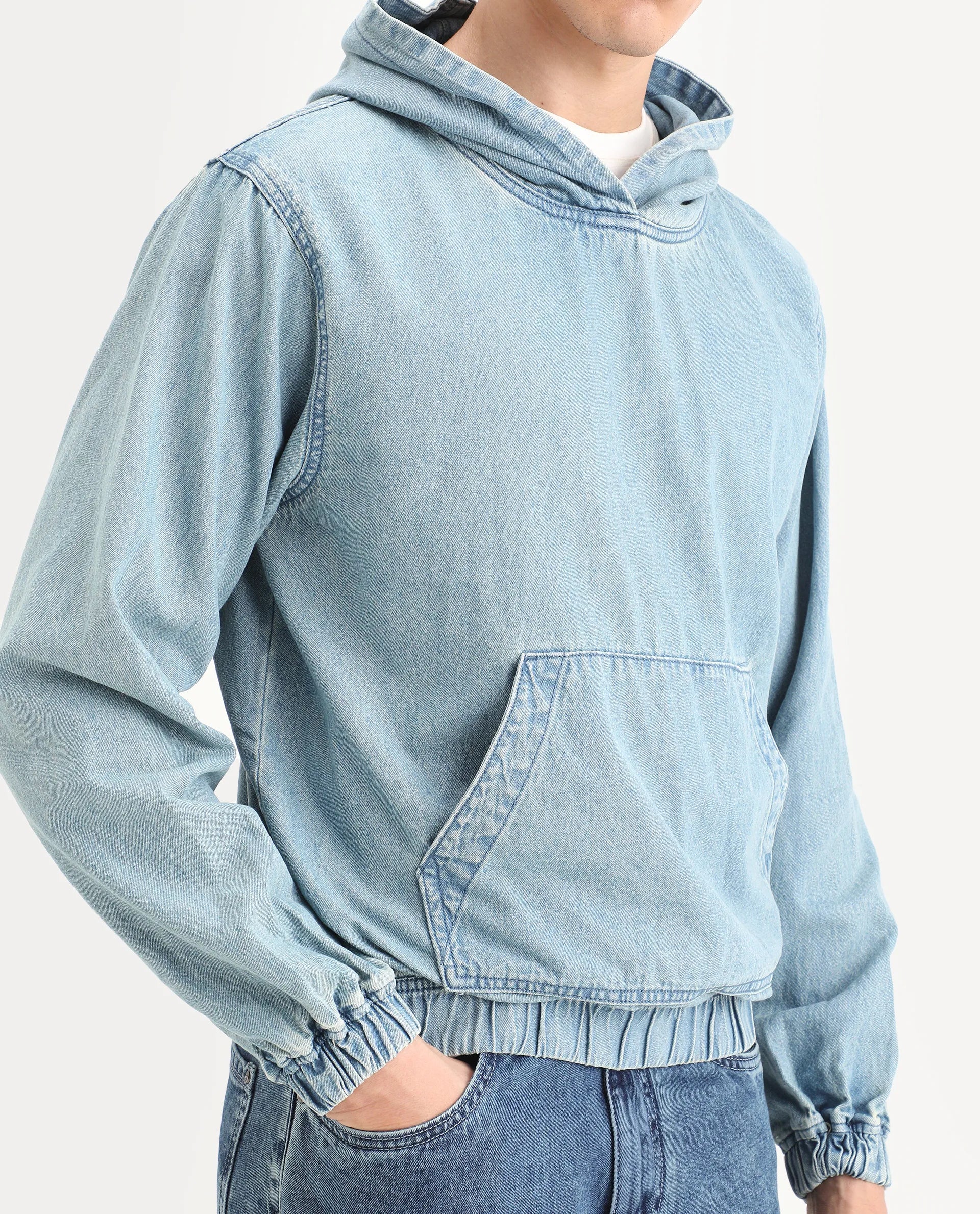 Rare Rabbit Men's Voltas Light Blue Cotton Plain Oversized Fit Full Sleeve Hooded Sweatshirt
