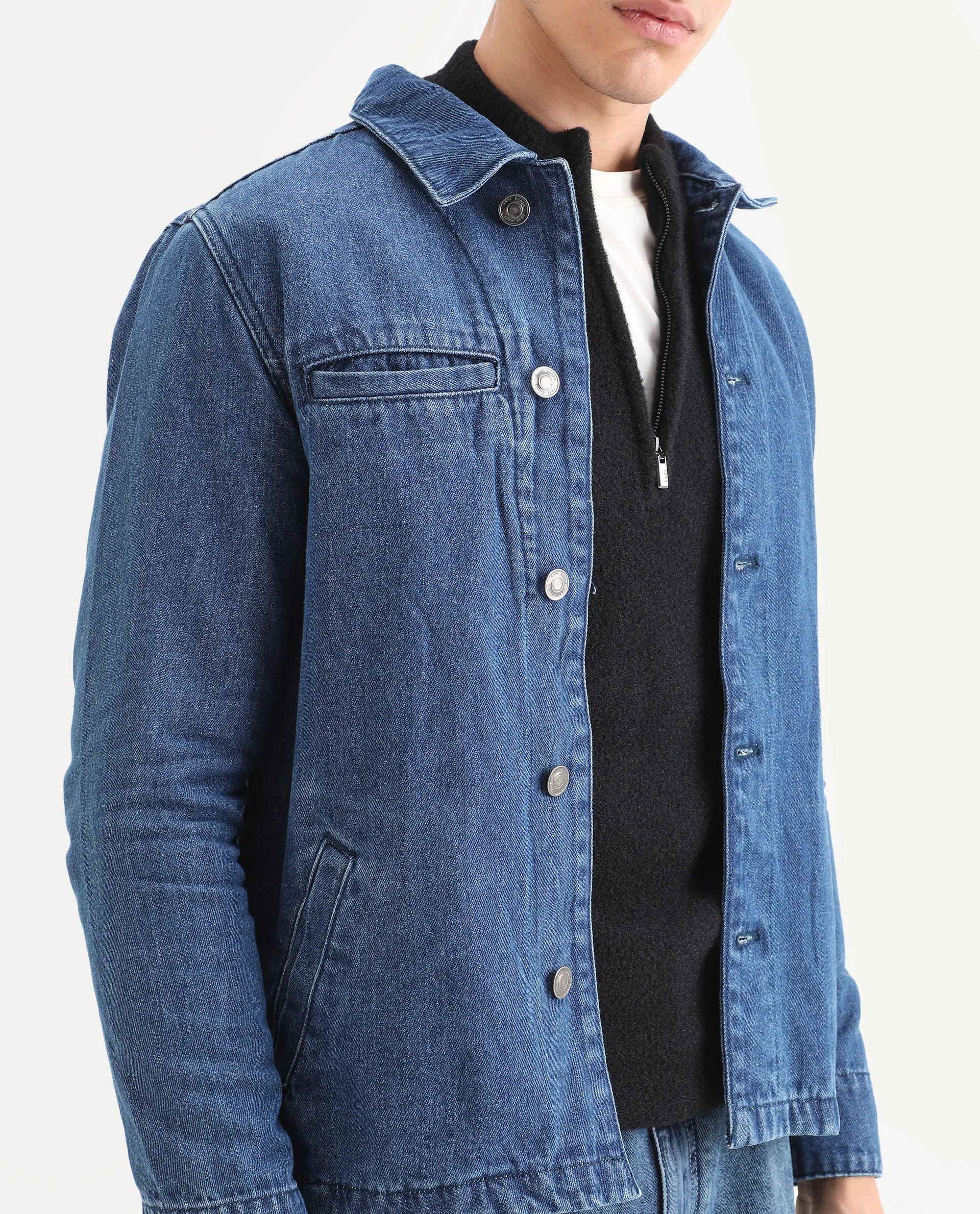 Rare Rabbit Men's Nio Blue Cotton Plain Regular Fit Full Sleeve Spread Collar Jacket