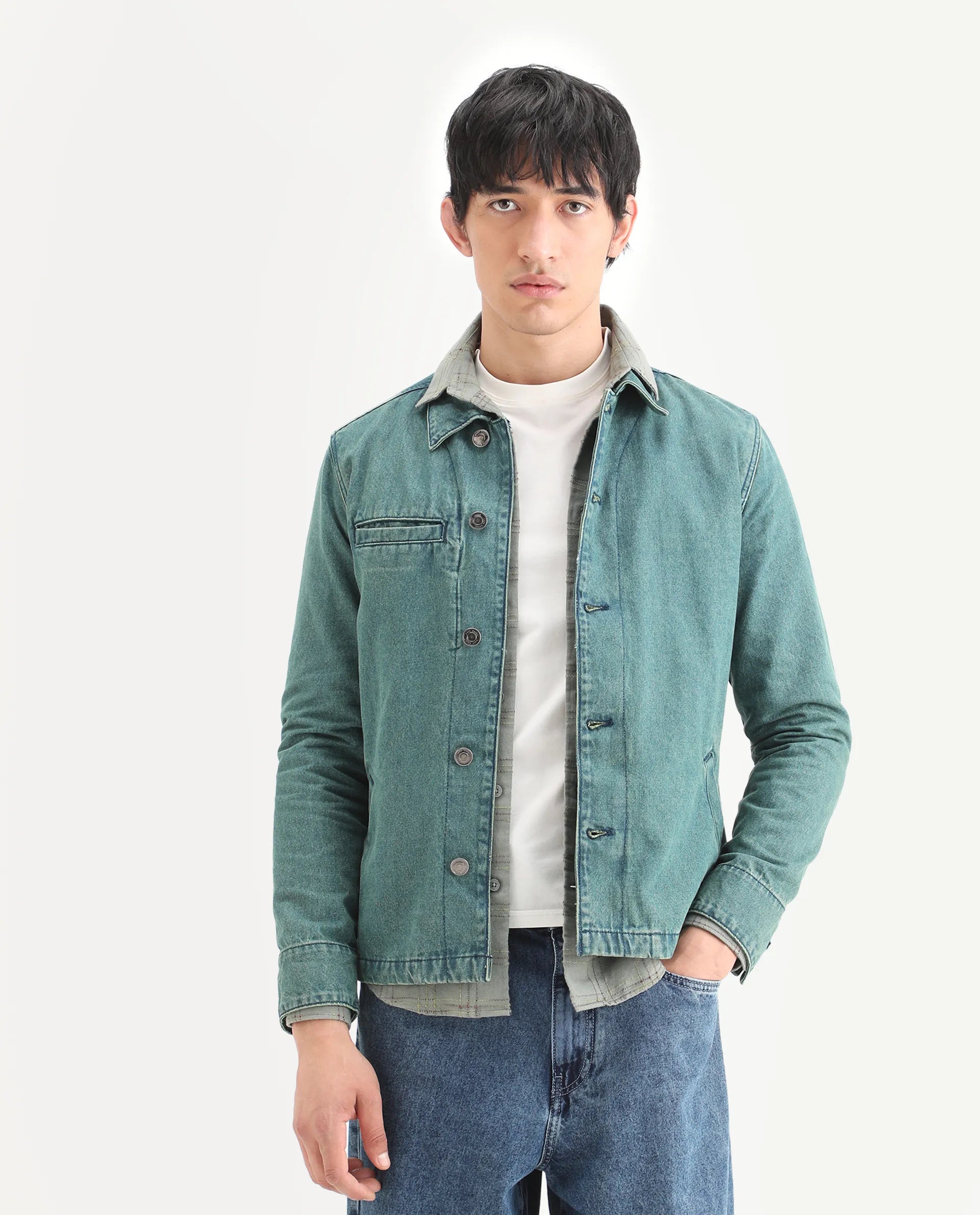 Rare Rabbit Men's Nio Green Cotton Plain Regular Fit Full Sleeve Spread Collar Jacket