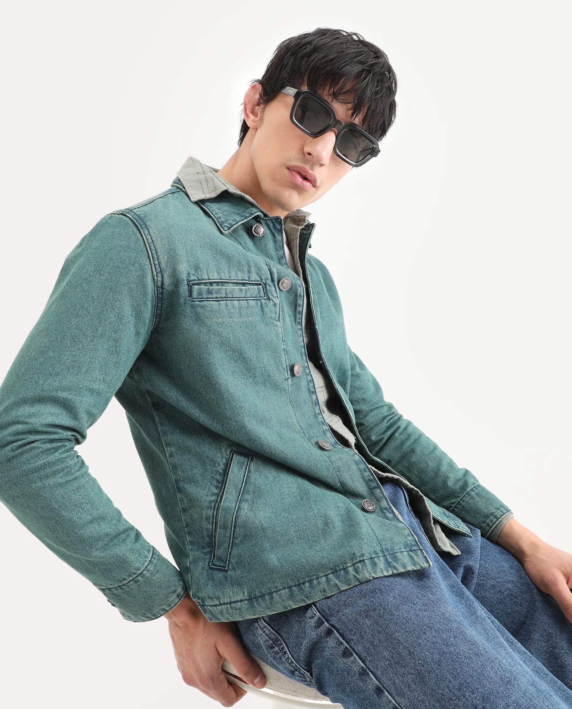 Rare Rabbit Men's Nio Green Cotton Plain Regular Fit Full Sleeve Spread Collar Jacket