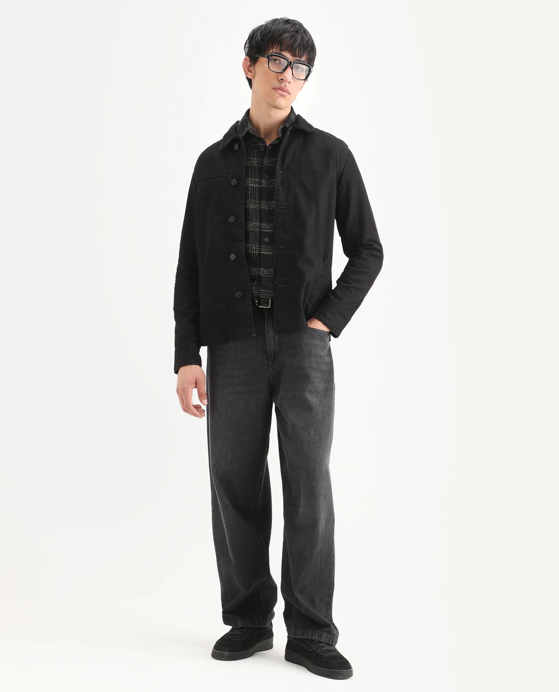 Rare Rabbit Men's Nio Black Cotton Plain Regular Fit Full Sleeve Spread Collar Jacket