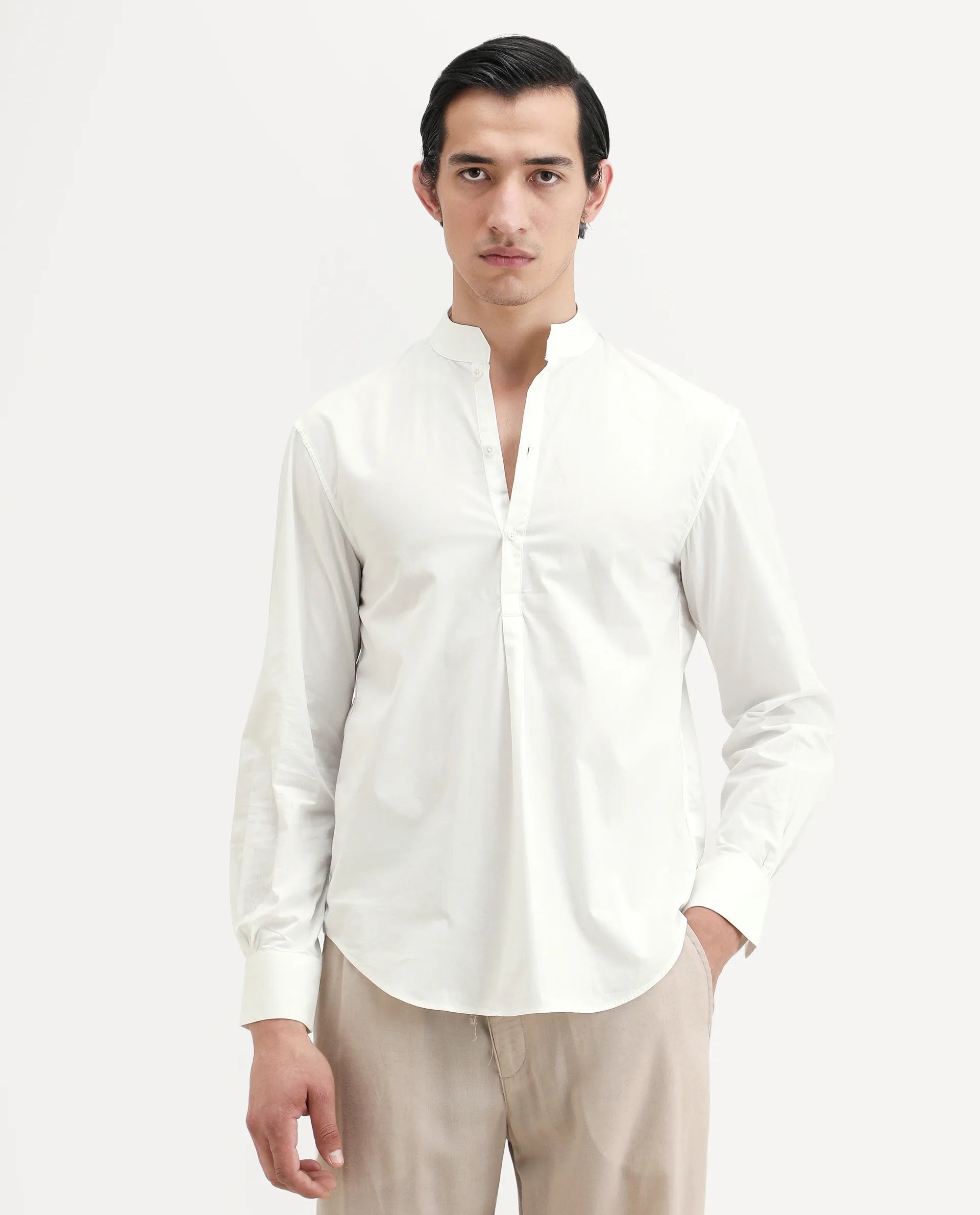 Rare Rabbit Men's Shin White Cotton Plain Regular Fit Full Sleeve Mandarin Collar Shirt