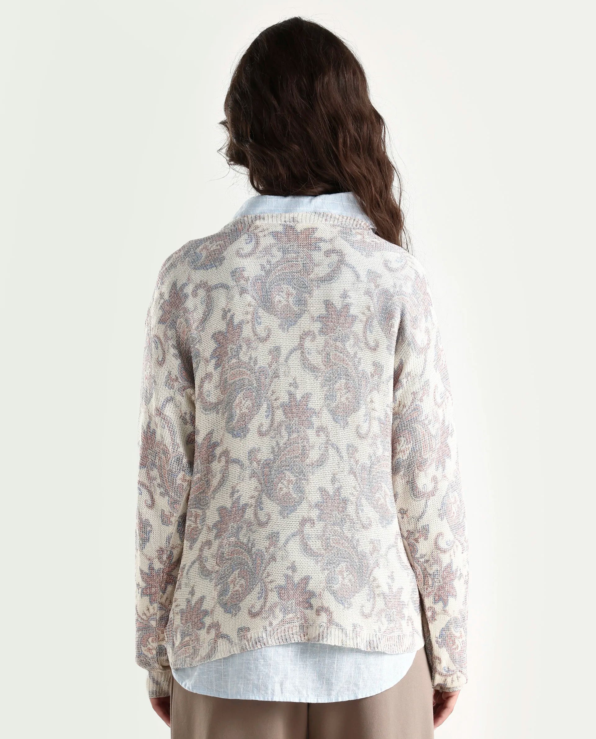 Rareism Women's Nupint Light Multi Viscose Blend Boat Neck Paisley Print Kimono Sleeve Relaxed Fit Top