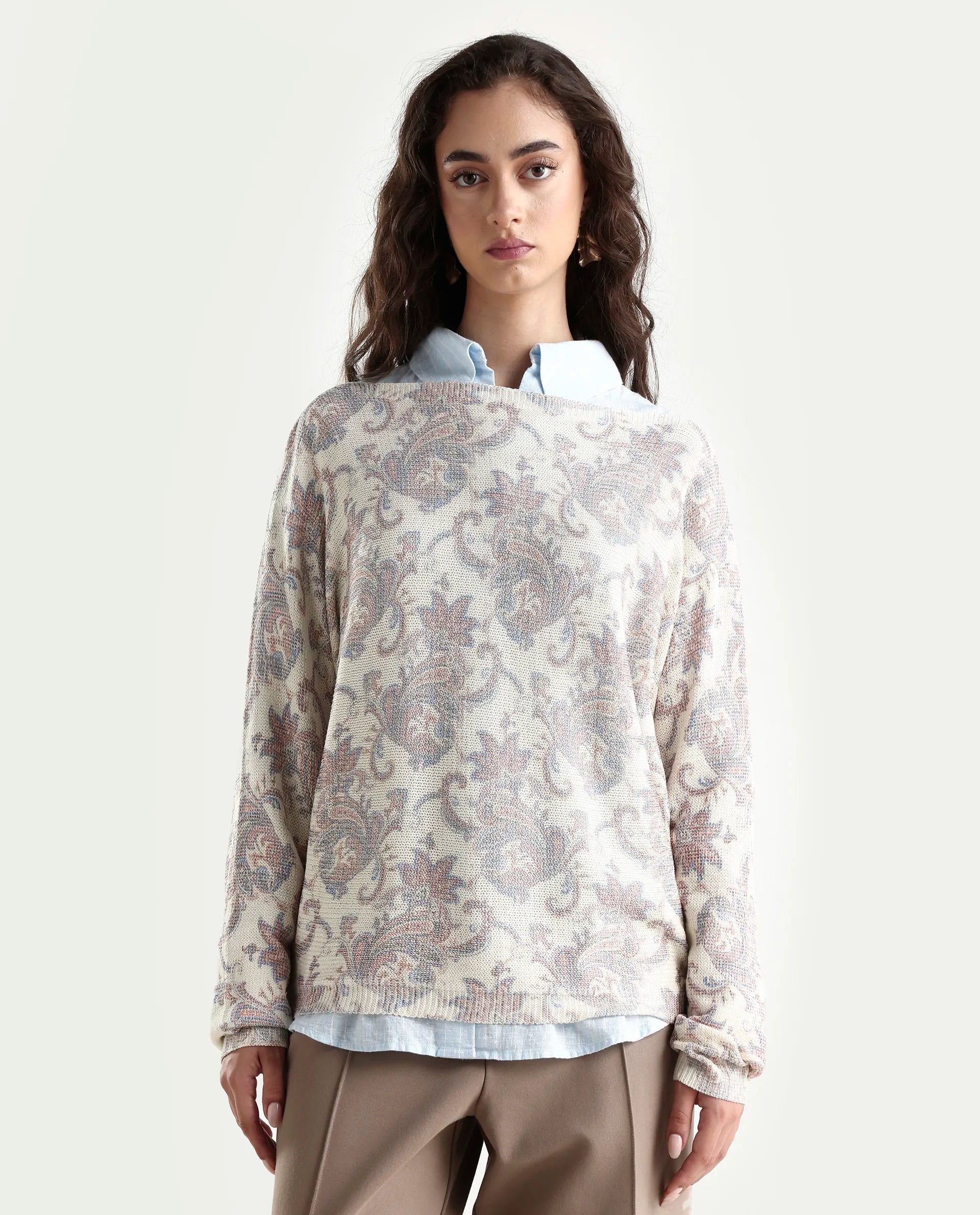 Rareism Women's Nupint Light Multi Viscose Blend Boat Neck Paisley Print Kimono Sleeve Relaxed Fit Top