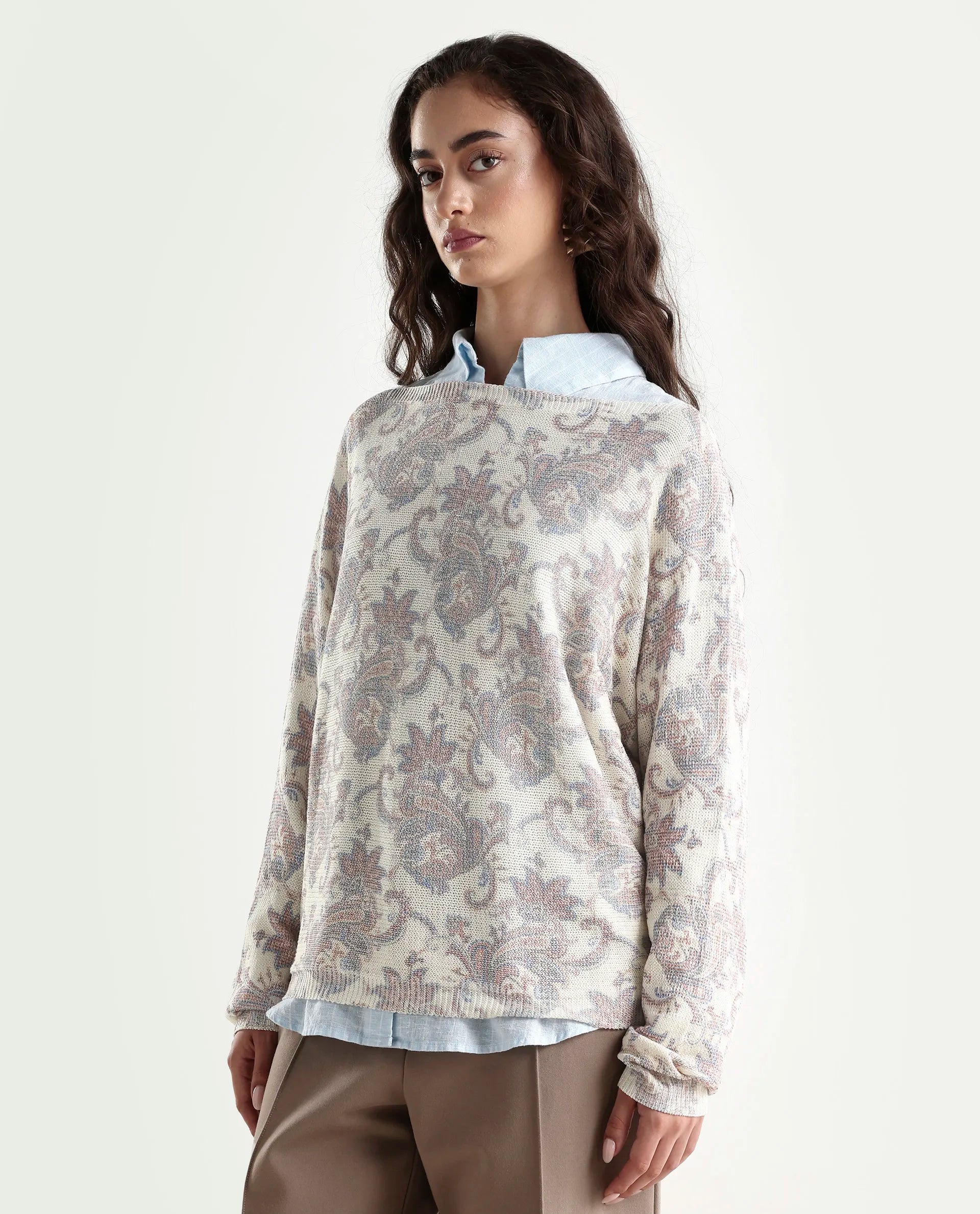 Rareism Women's Nupint Light Multi Viscose Blend Boat Neck Paisley Print Kimono Sleeve Relaxed Fit Top