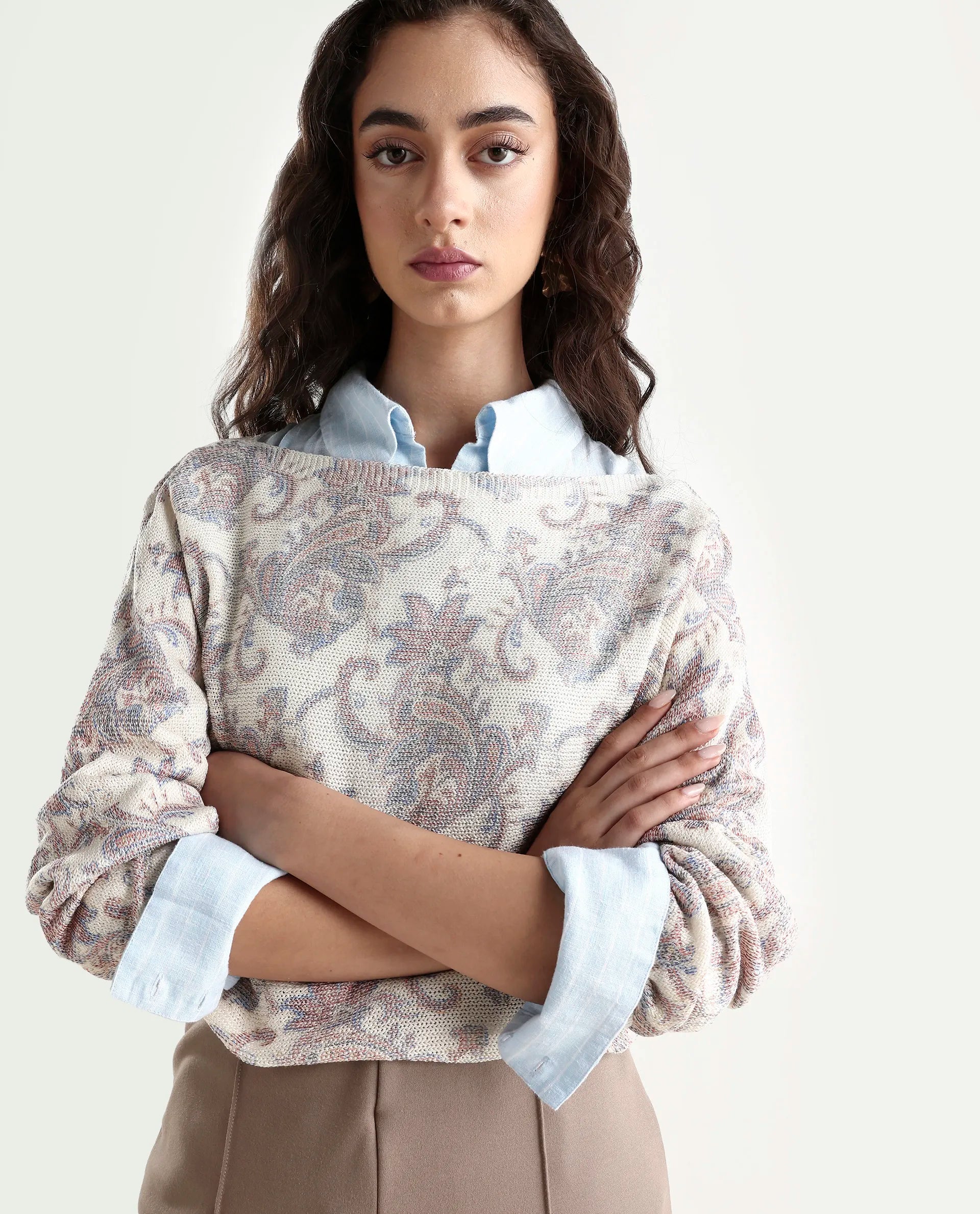 Rareism Women's Nupint Light Multi Viscose Blend Boat Neck Paisley Print Kimono Sleeve Relaxed Fit Top