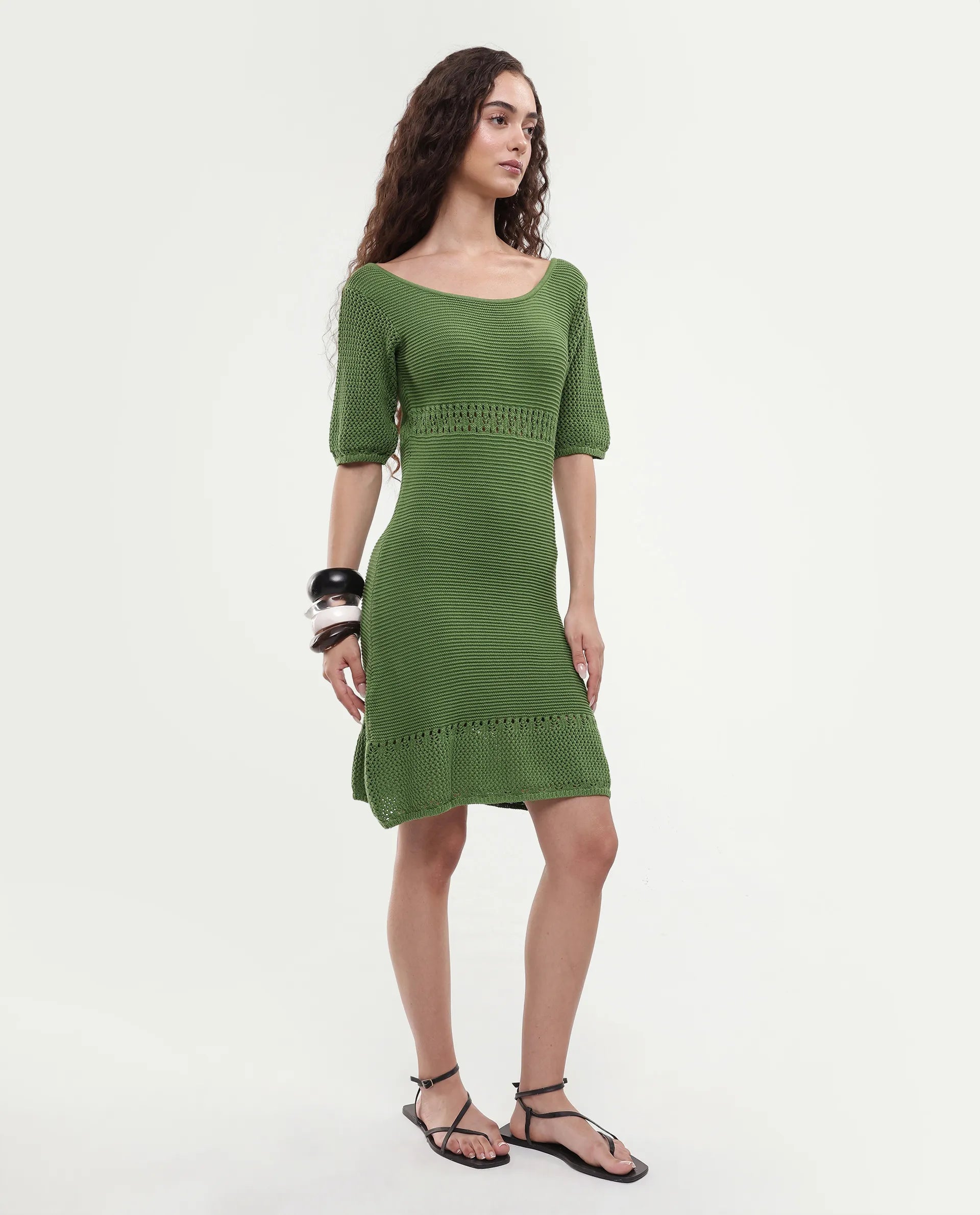 Rareism Women's Roncrod Dusky Olive Cotton Scoop Neck Plain Knee Length A-Line Dress