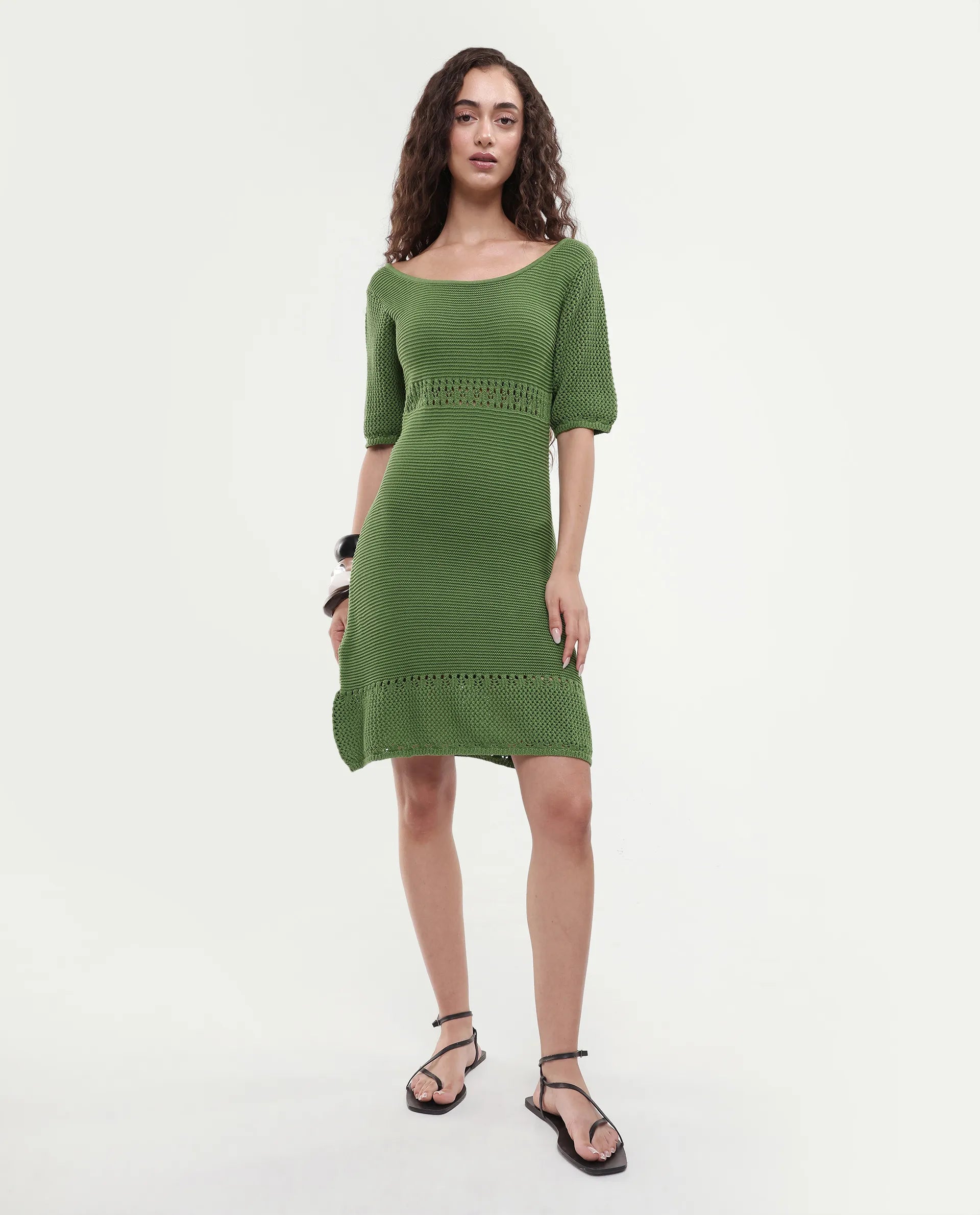 Rareism Women's Roncrod Dusky Olive Cotton Scoop Neck Plain Knee Length A-Line Dress