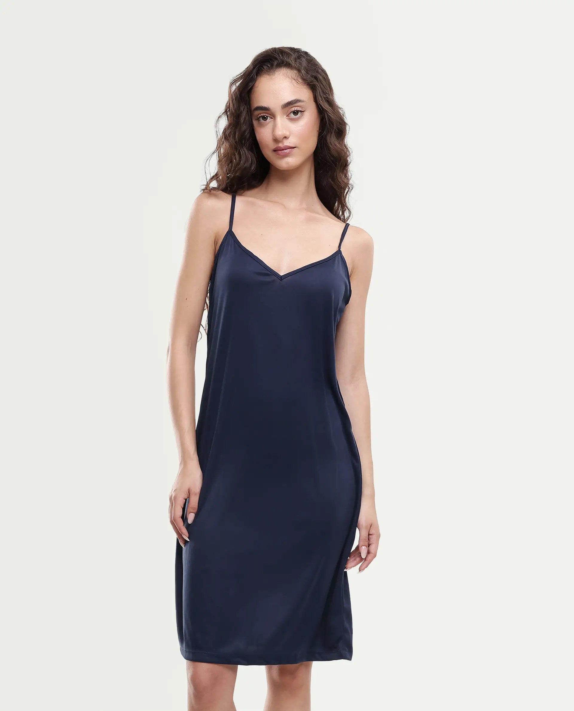 Rareism Women's Ronpen Navy Cotton Spread Collar Plain Midi Straight Fit Dress